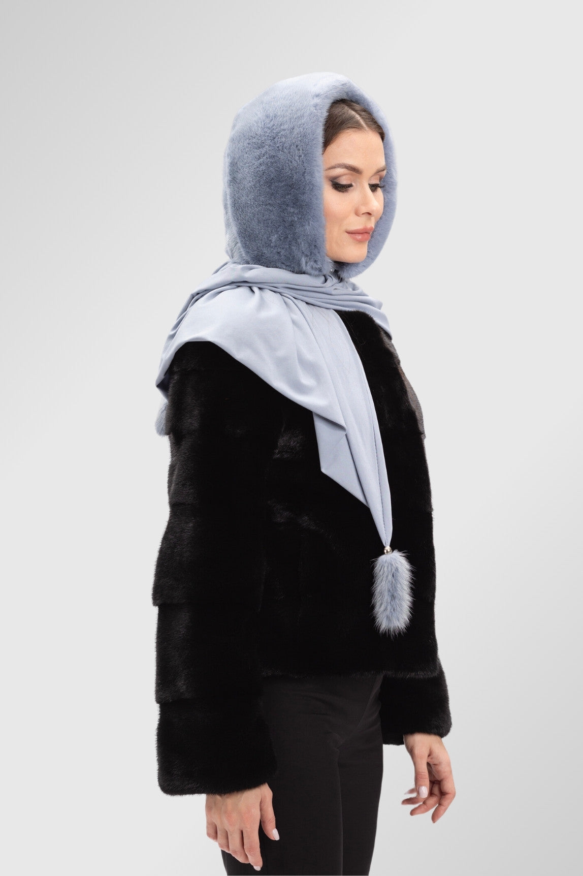 Eșarfă din Blană Naturală de Vizon și Material Textil Elastic, Femei, Silver Blue 4