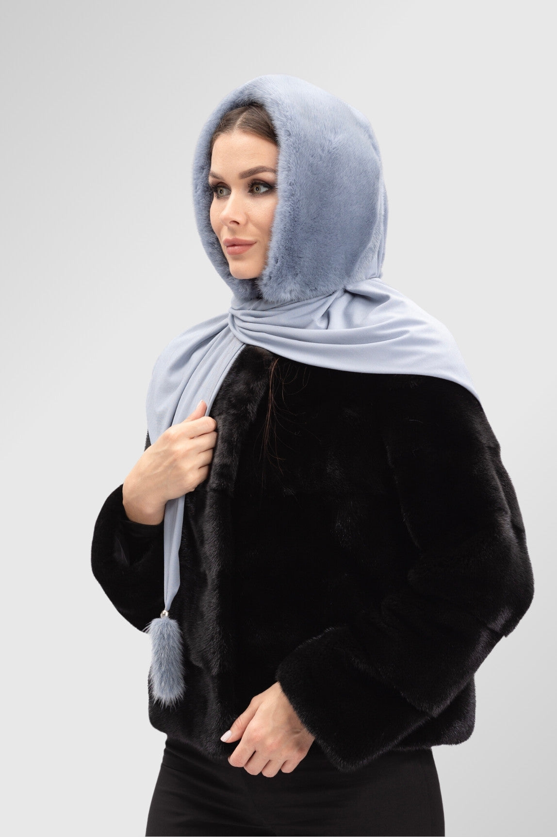 Eșarfă din Blană Naturală de Vizon și Material Textil Elastic, Femei, Silver Blue 4