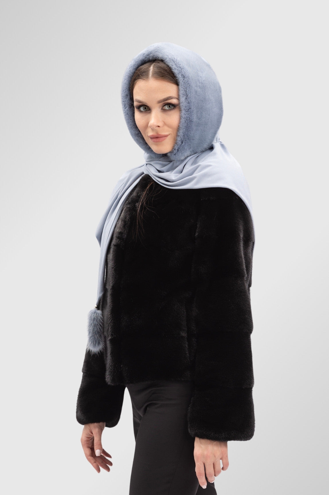 Eșarfă din Blană Naturală de Vizon și Material Textil Elastic, Femei, Silver Blue 4