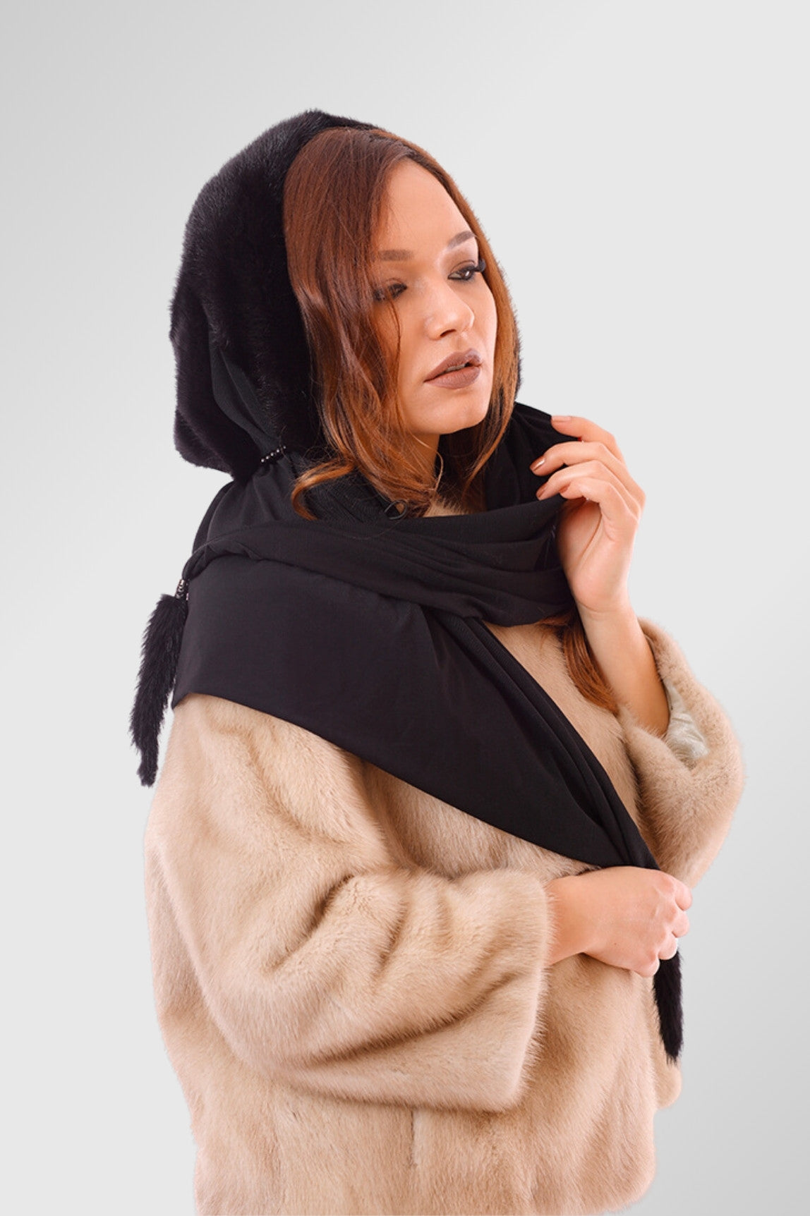 Eșarfă din Blană Naturală de Vizon și Material Textil Elastic, Femei, Obsidian 3