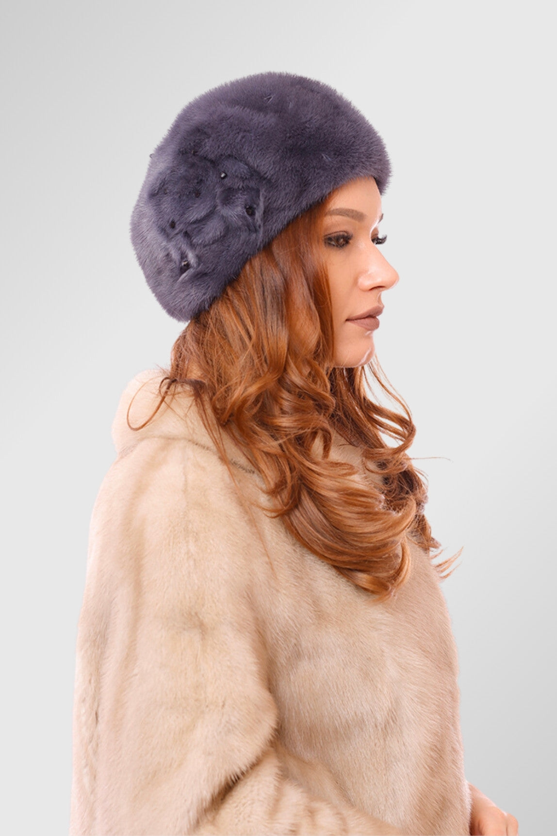 Beretă din Blană Naturală de Vizon, Femei, Silver Blue 8