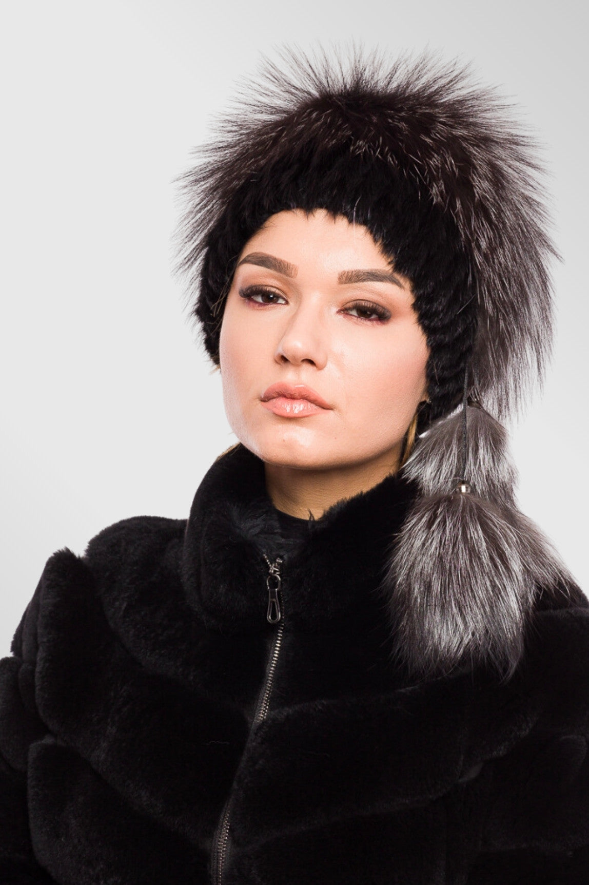 Natural Fox and Mink Fur Hat, Women, Grey Frost 86