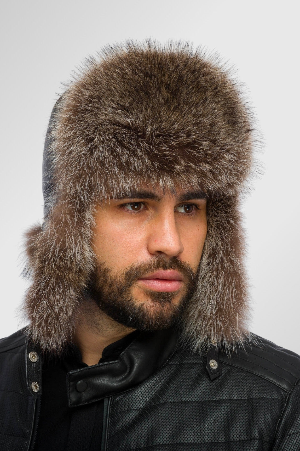 Căciulă din Blană Naturală de Raton și Piele, Bărbați, Obsidian și Brown Frost 16