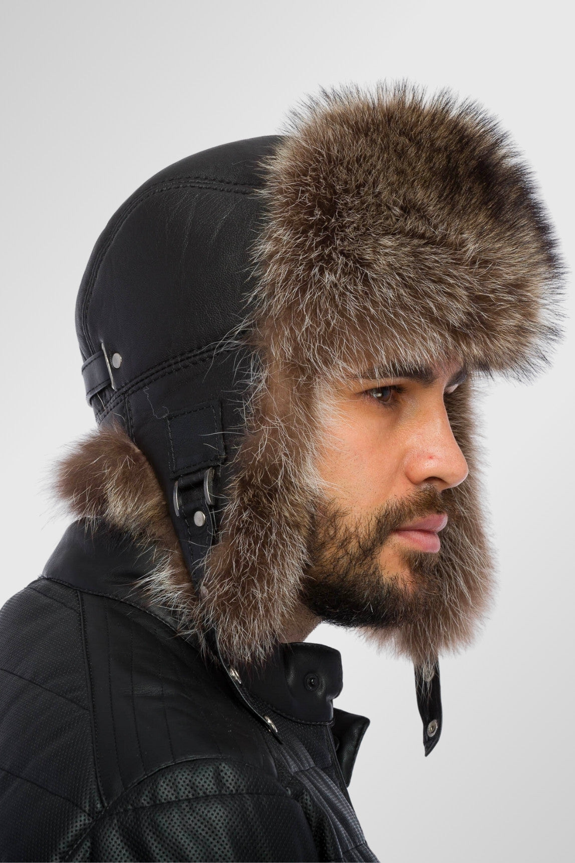 Căciulă din Blană Naturală de Raton și Piele, Bărbați, Obsidian și Brown Frost 16