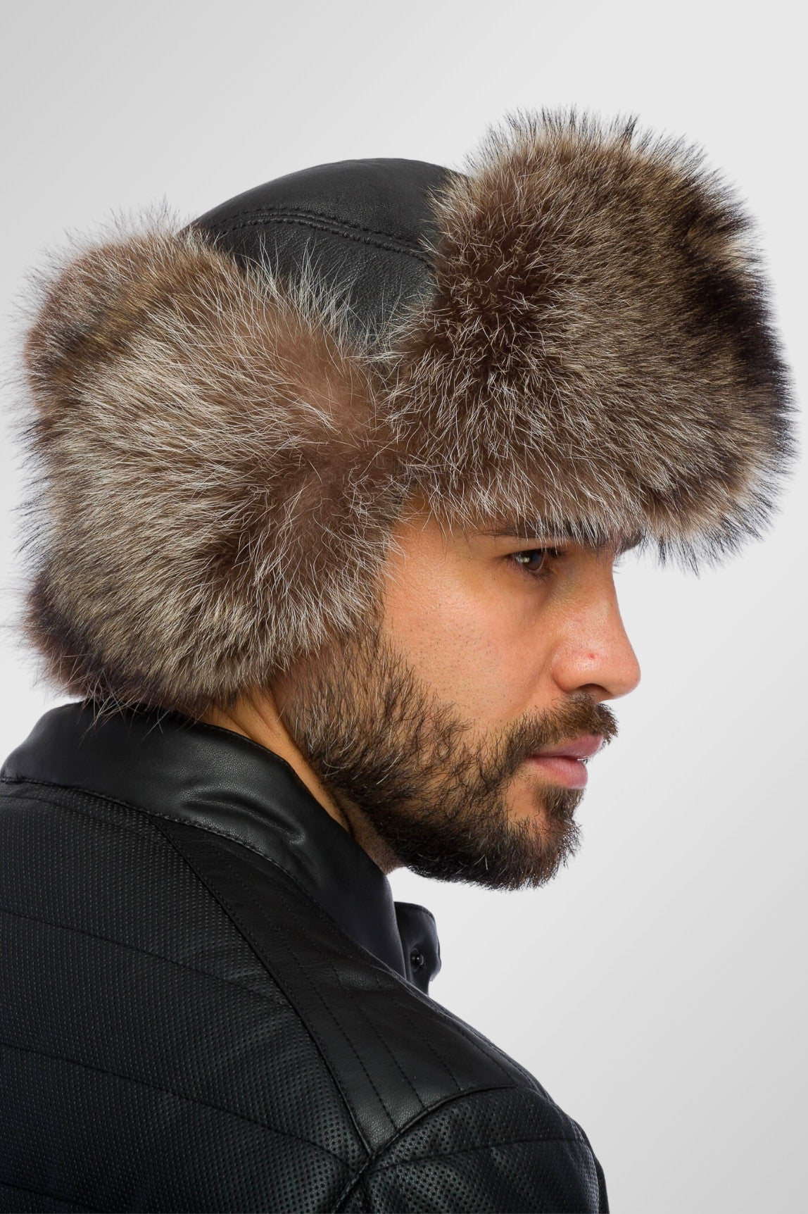 Căciulă din Blană Naturală de Raton și Piele, Bărbați, Obsidian și Brown Frost 16