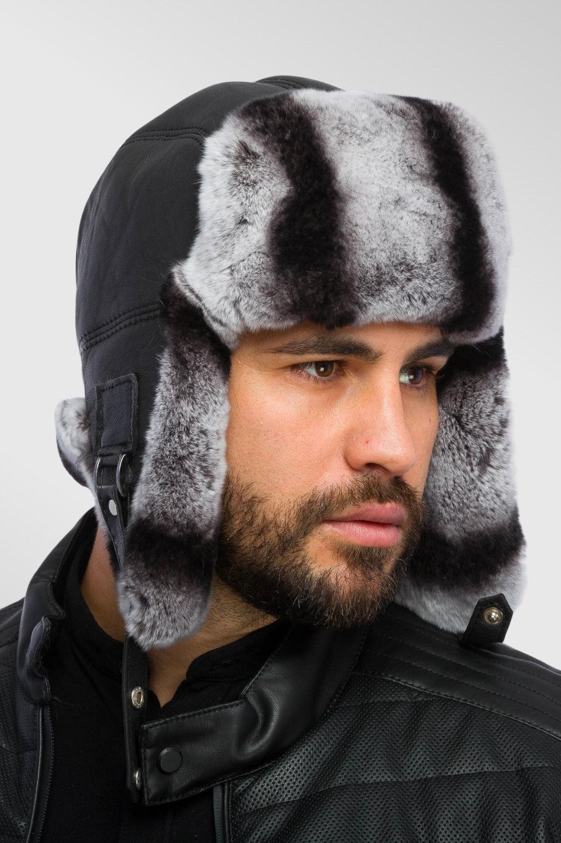Căciulă din Blană Naturală de Rex și Piele, Bărbați, Obsidian și Silver Grey 18