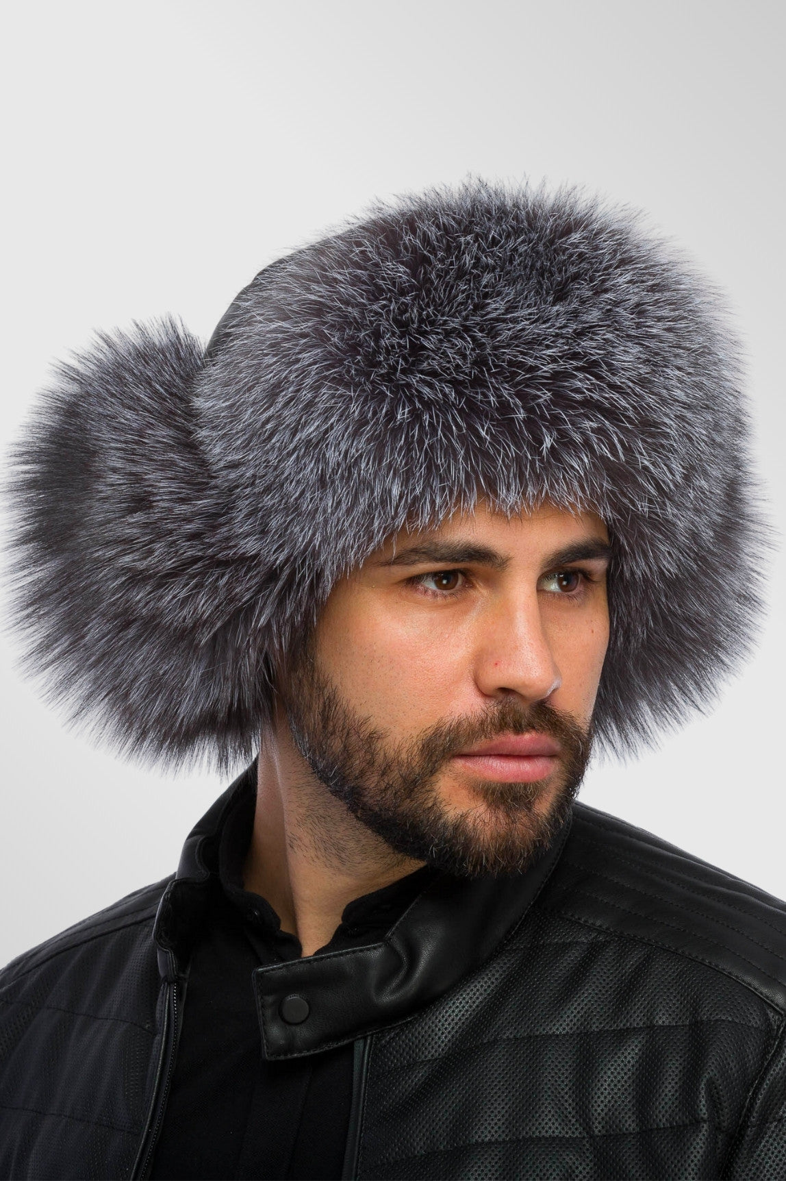 Căciulă din Blană Naturală de Vulpe și Piele, Bărbați, Silver Grey 28