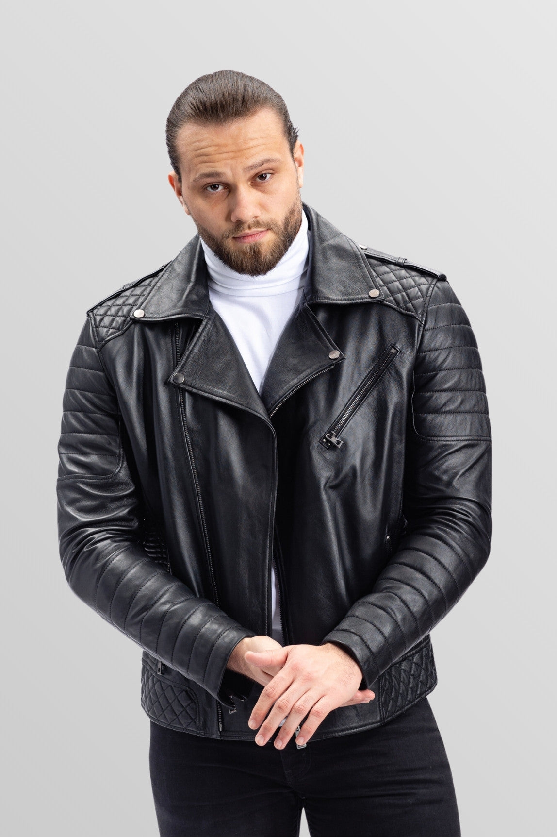 Genuine Leather Biker Jacket, Men, Obsidian MAREUS