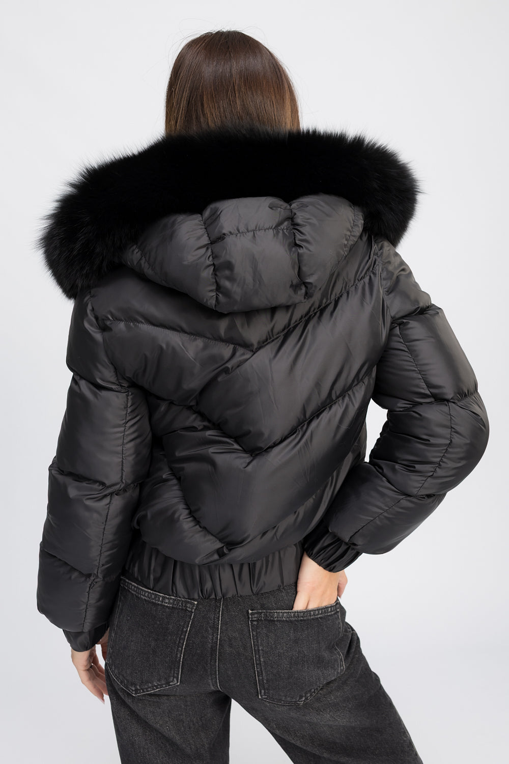 Geacă Bomber cu Guler din Blană Naturală de Vulpe, Femei, Diamond Black 462