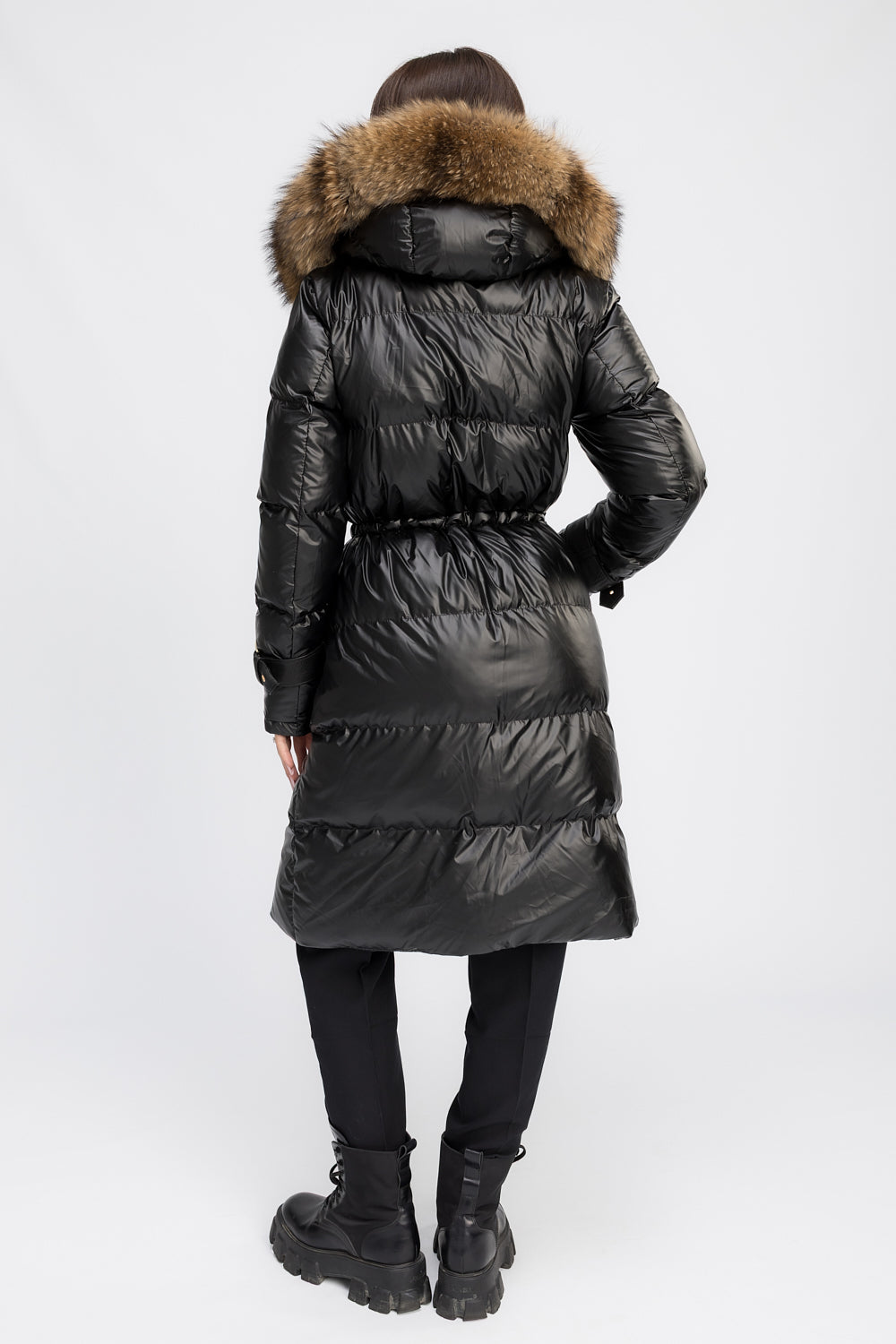 Geacă Parka cu Glugă Detașabilă, Accesorii din Blană Naturală de Raton și Piele Naturală, Femei, Obsidian Black 457