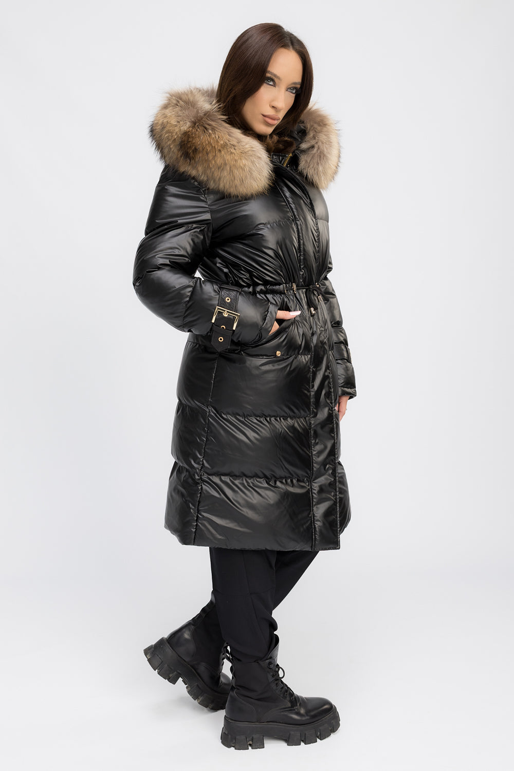 Geacă Parka cu Glugă Detașabilă, Accesorii din Blană Naturală de Raton și Piele Naturală, Femei, Obsidian Black 457