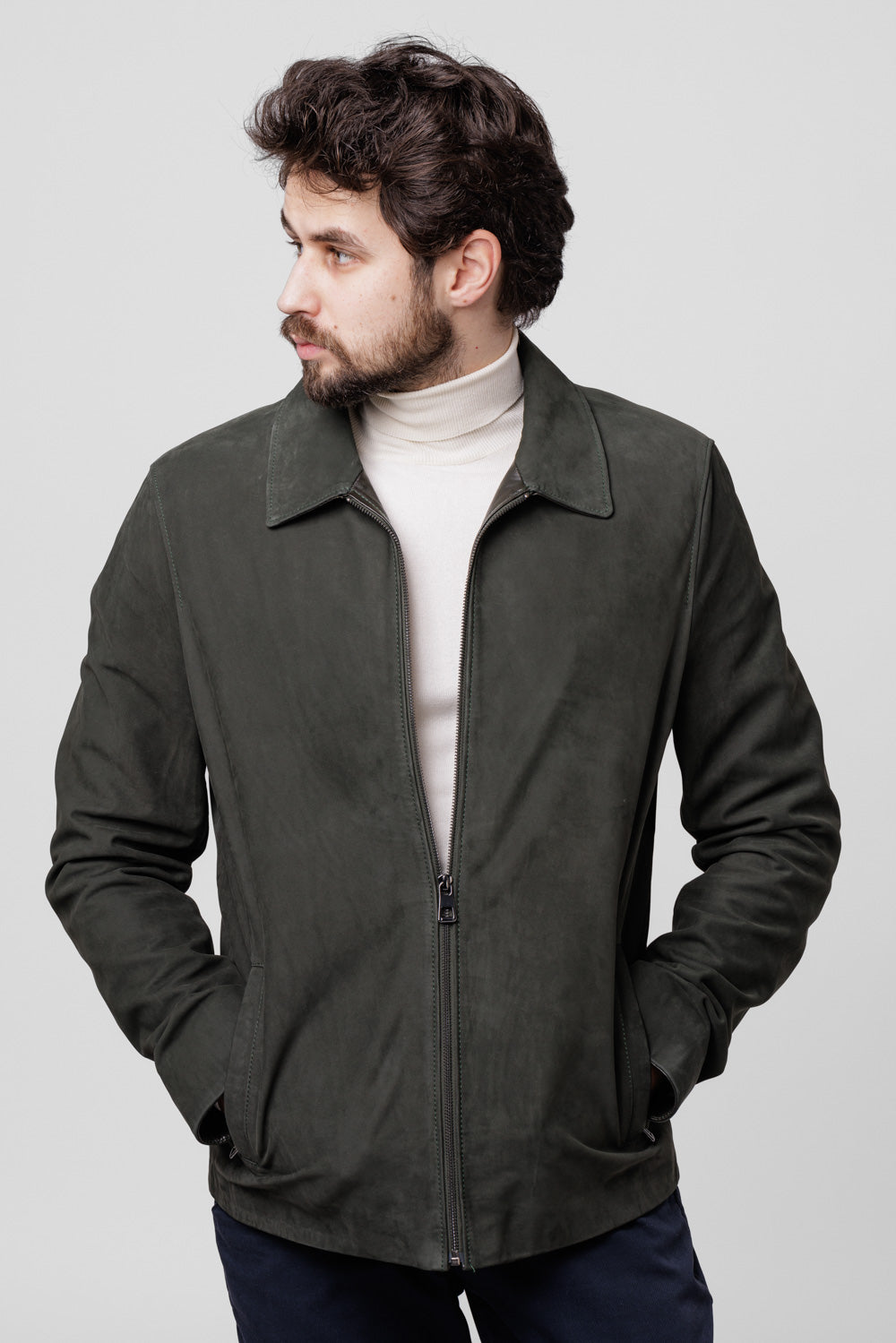 Geacă din Piele Naturală Nubuck, Guler Rever, Bărbați, Olive 120