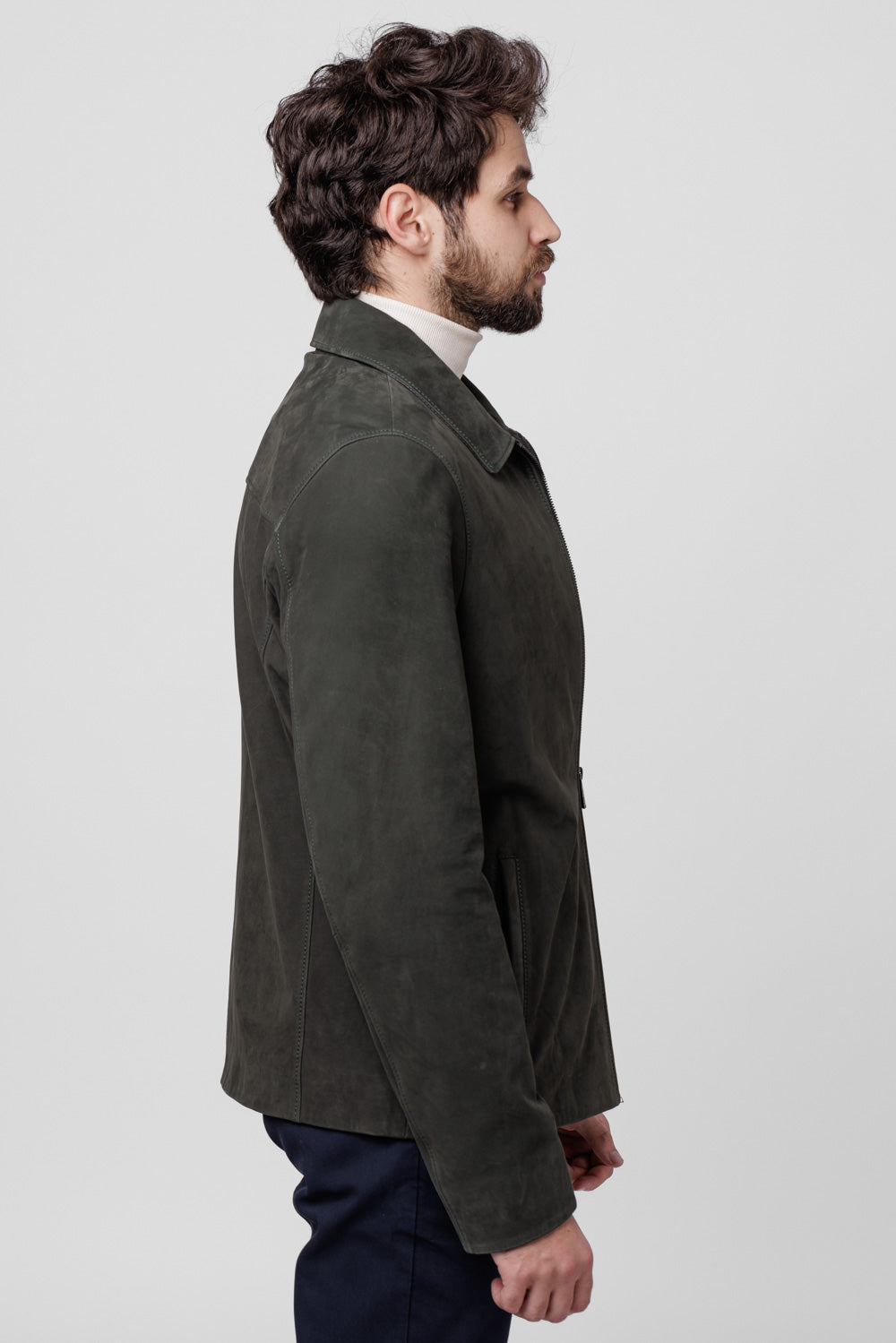 Nubuck Genuine Leather Jacket, Lapel Collar, Men, Olive 120