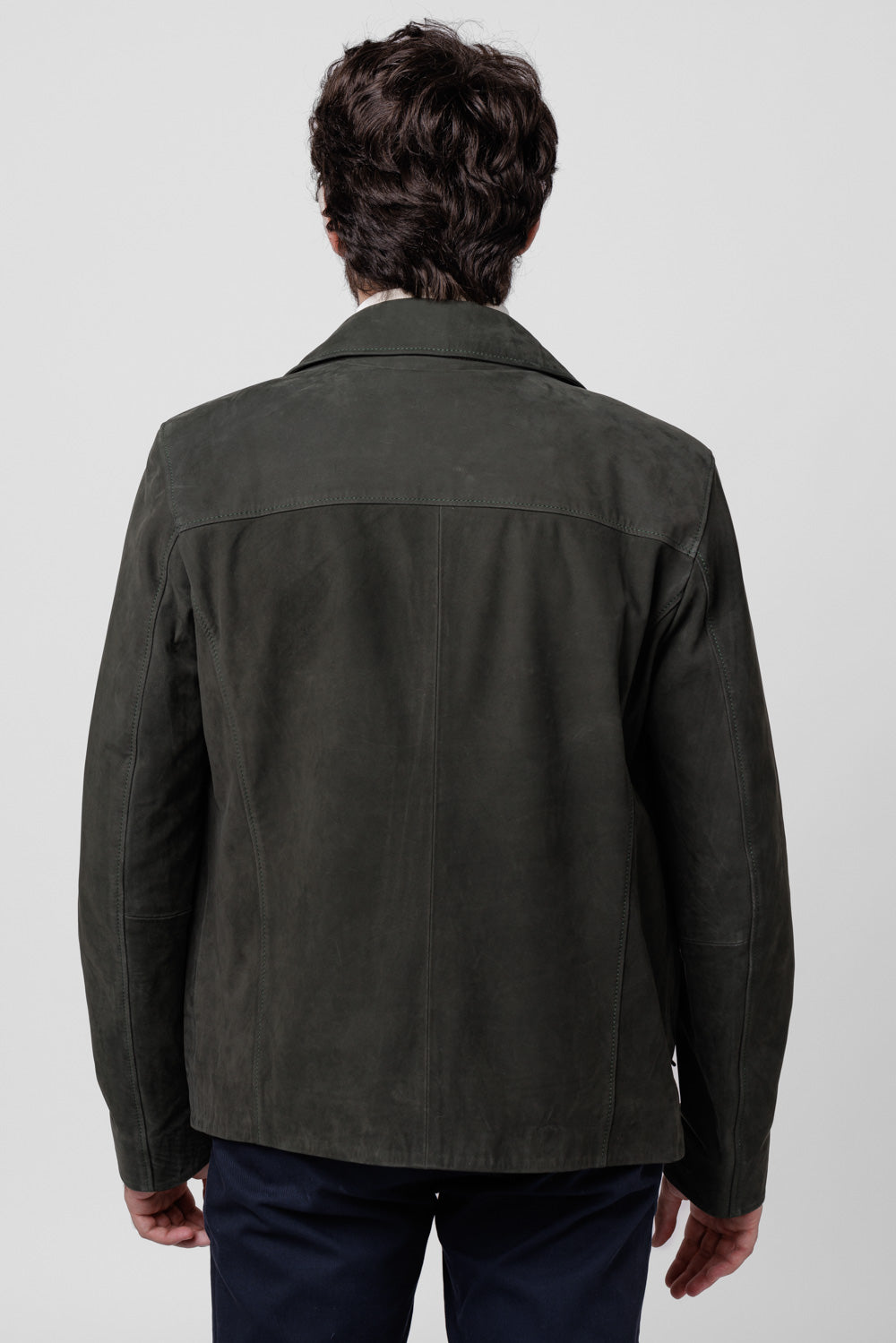 Geacă din Piele Naturală Nubuck, Guler Rever, Bărbați, Olive 120