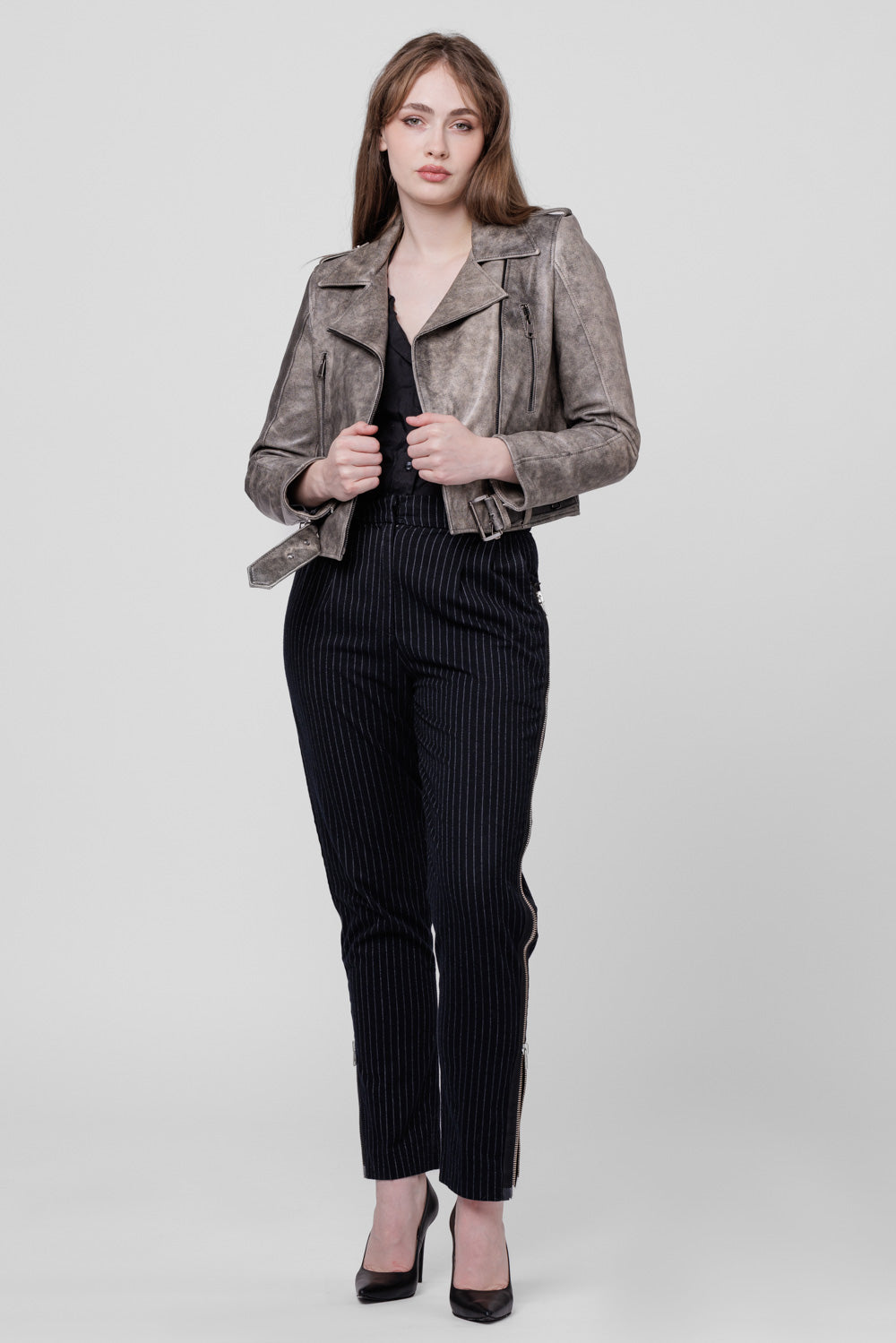 Geacă din Piele Naturală, Apect Vintage, Femei, Silver Grey 124