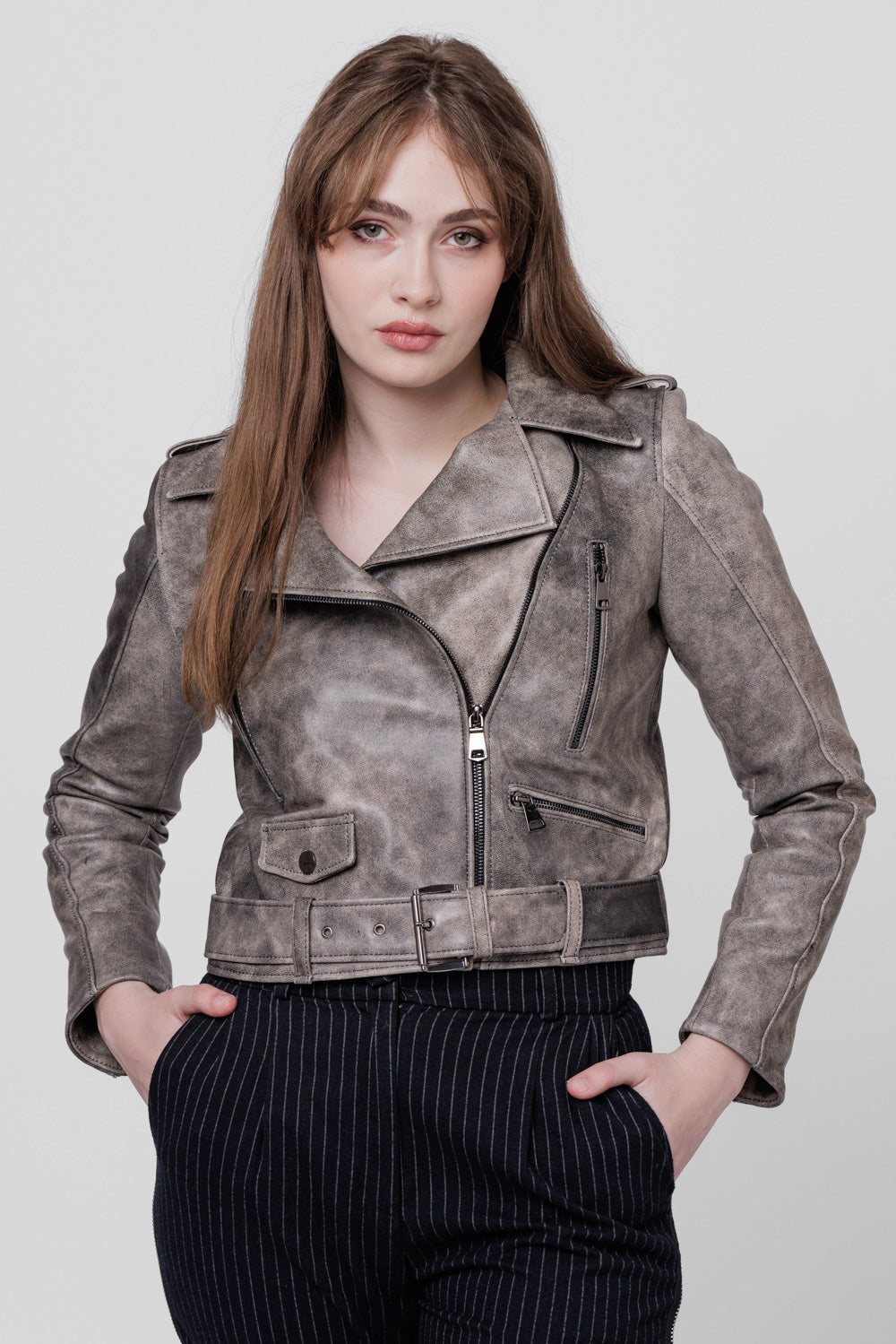 Geacă din Piele Naturală, Apect Vintage, Femei, Silver Grey 124