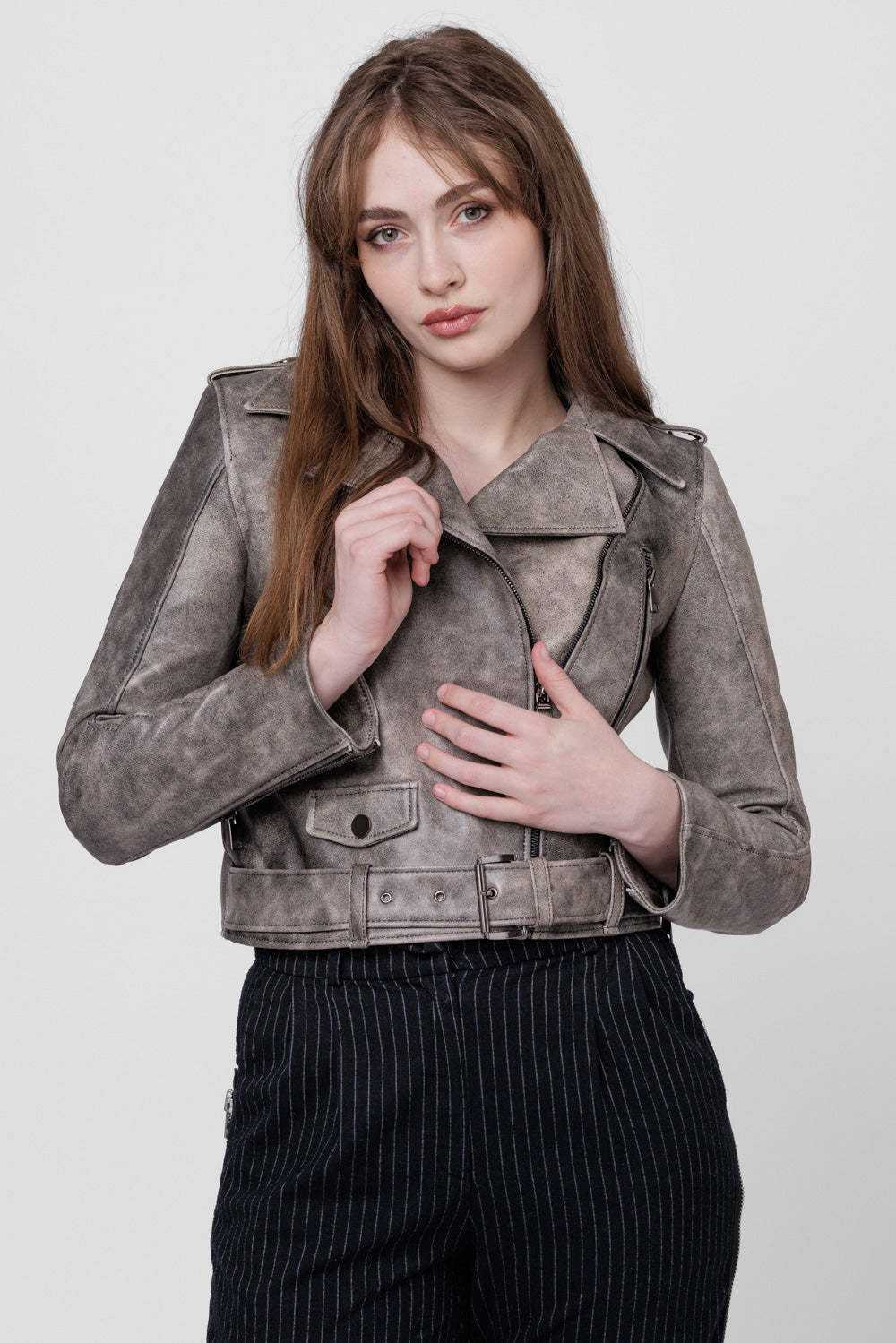 Geacă din Piele Naturală, Apect Vintage, Femei, Silver Grey 124