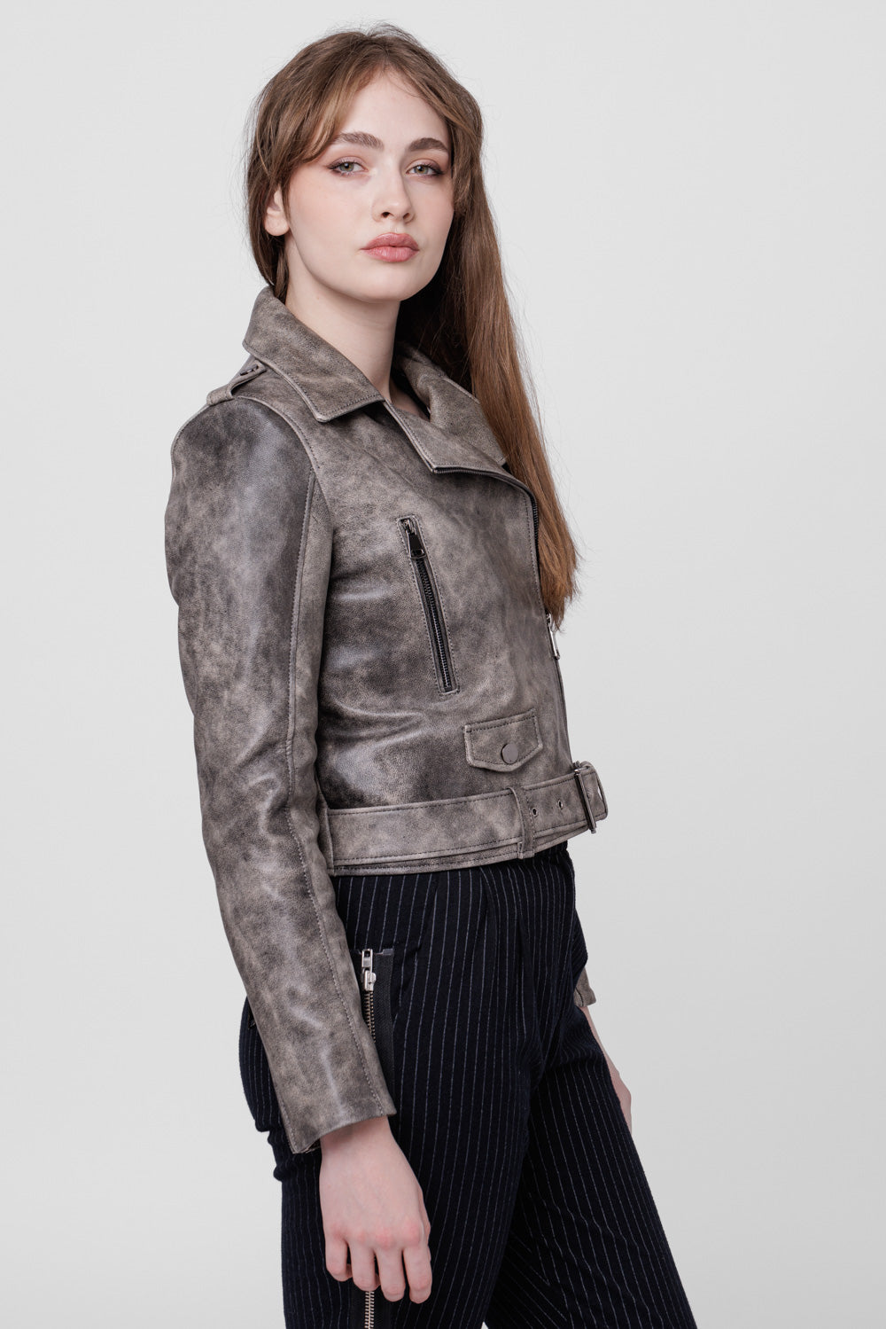 Geacă din Piele Naturală, Apect Vintage, Femei, Silver Grey 124