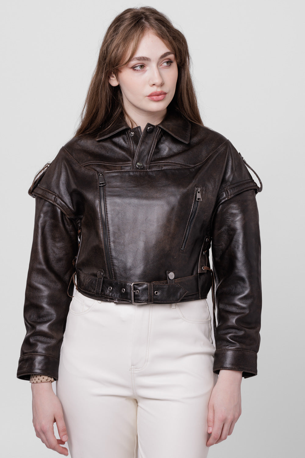 Geacă din Piele Naturală, Aspect Vintage, Oversized, Mâneci Detașabile, Femei, Dark Chocolate 127