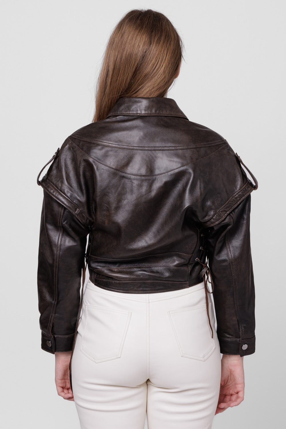 Geacă din Piele Naturală, Aspect Vintage, Oversized, Mâneci Detașabile, Femei, Dark Chocolate 127