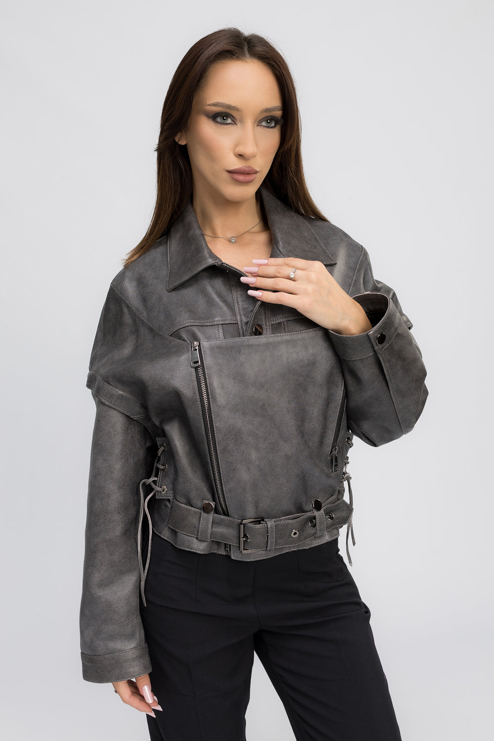Geacă din Piele Naturală, Aspect Vintage, Oversized, Mâneci Detașabile, Femei, Graphite 388