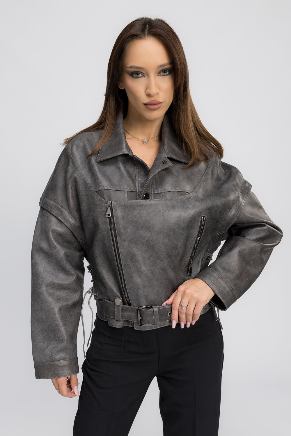 Geacă din Piele Naturală, Aspect Vintage, Oversized, Mâneci Detașabile, Femei, Graphite 388