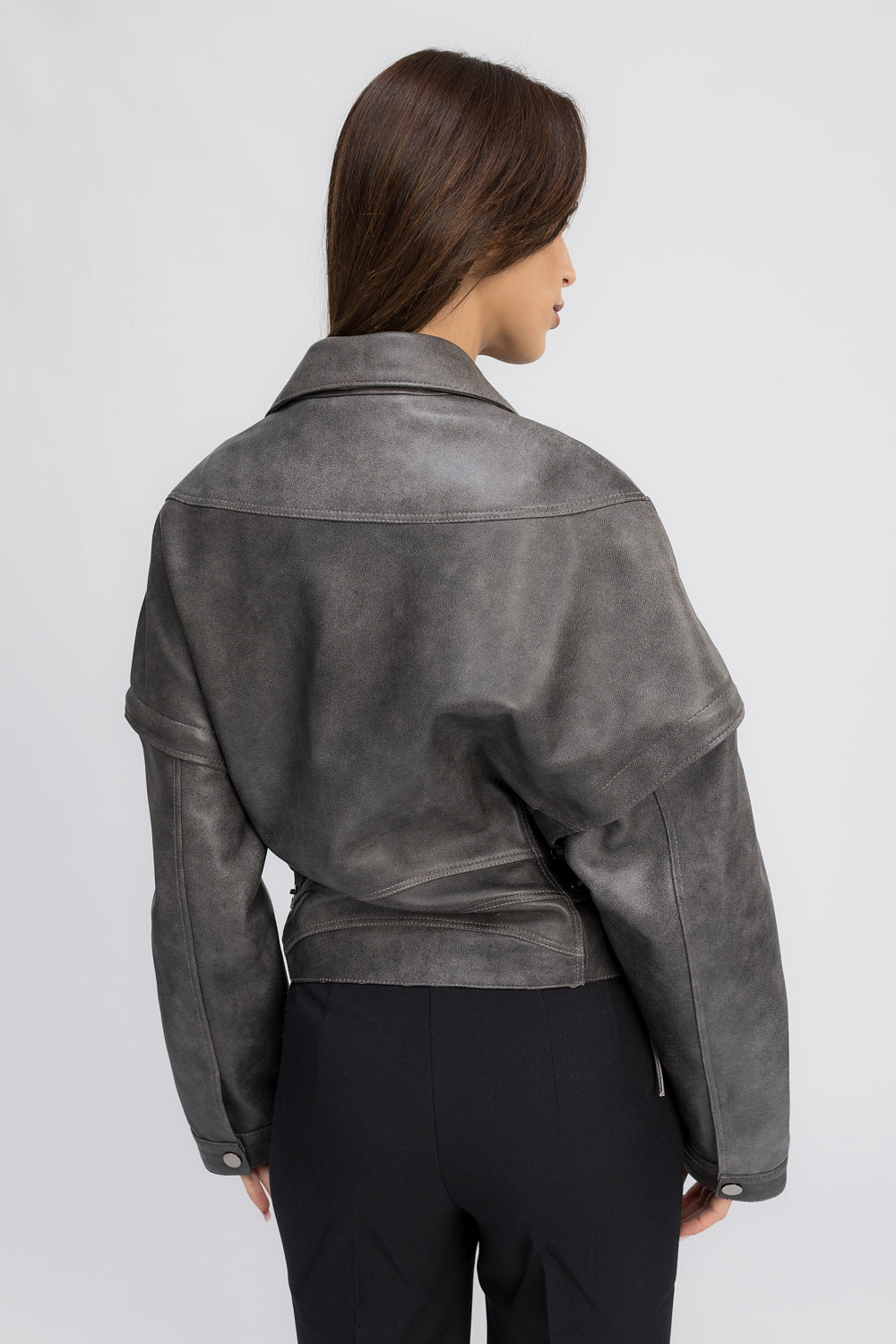 Geacă din Piele Naturală, Aspect Vintage, Oversized, Mâneci Detașabile, Femei, Graphite 388
