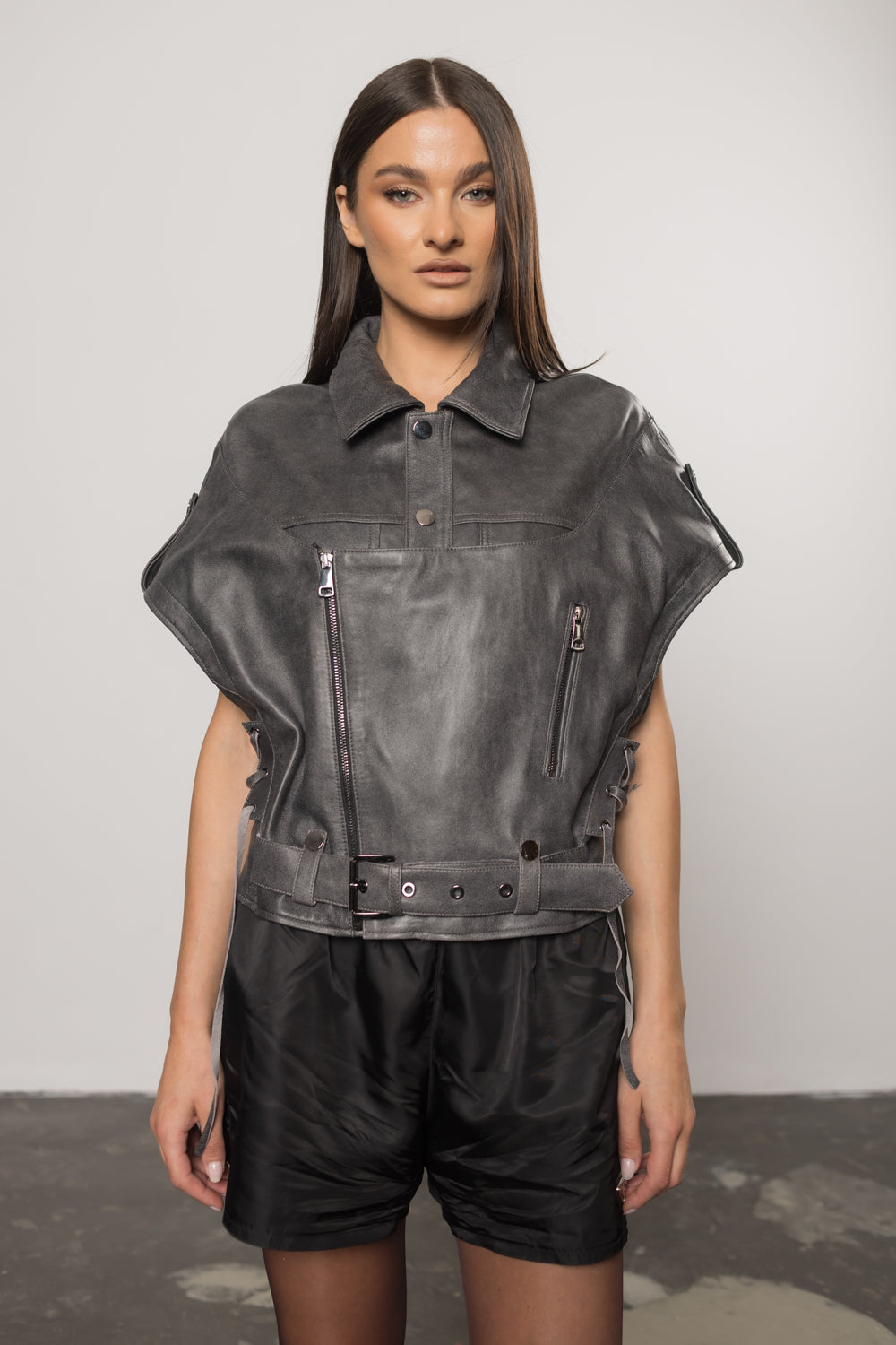 Geacă din Piele Naturală, Aspect Vintage, Oversized, Mâneci Detașabile, Femei, Graphite 388