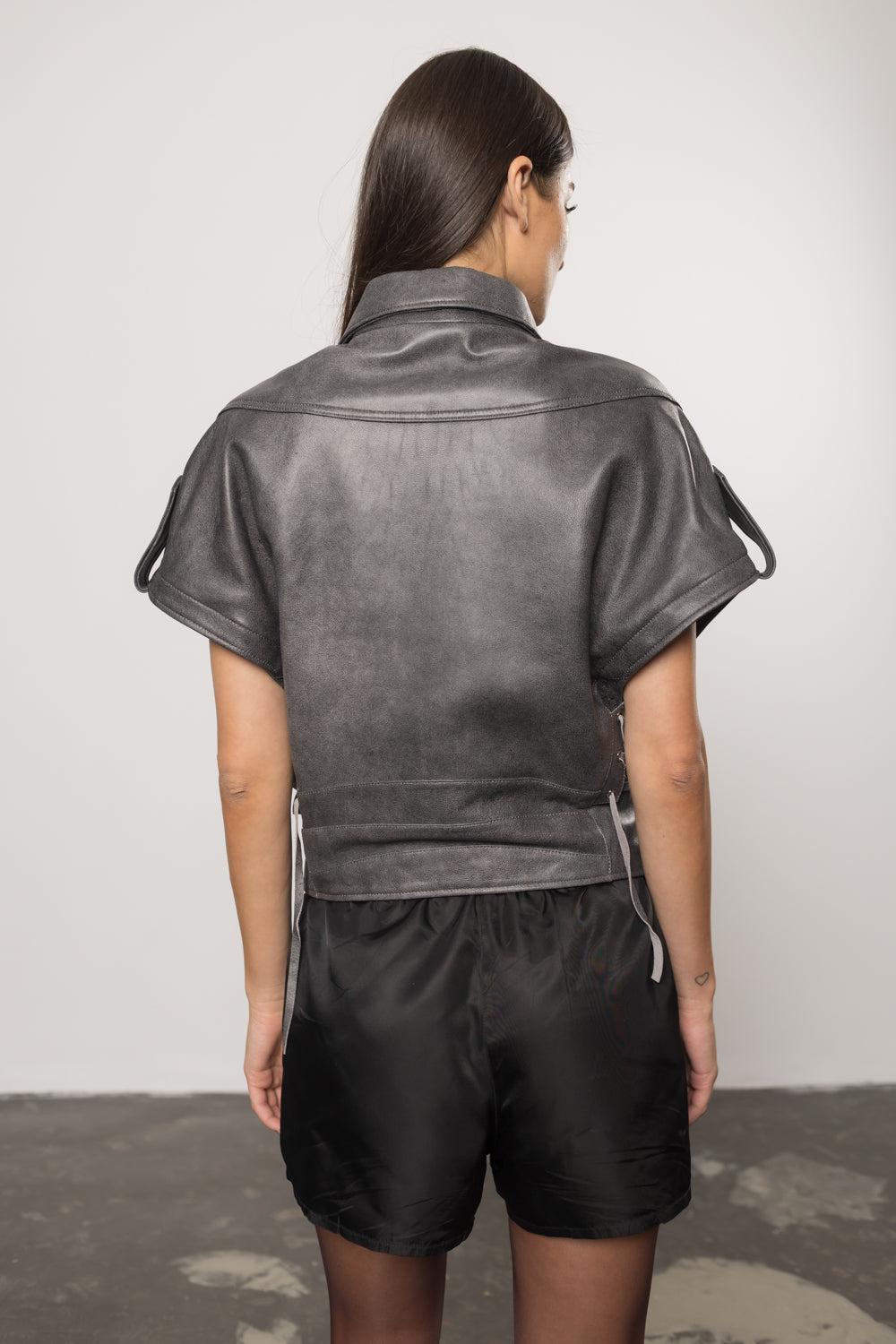 Geacă din Piele Naturală, Aspect Vintage, Oversized, Mâneci Detașabile, Femei, Graphite 388