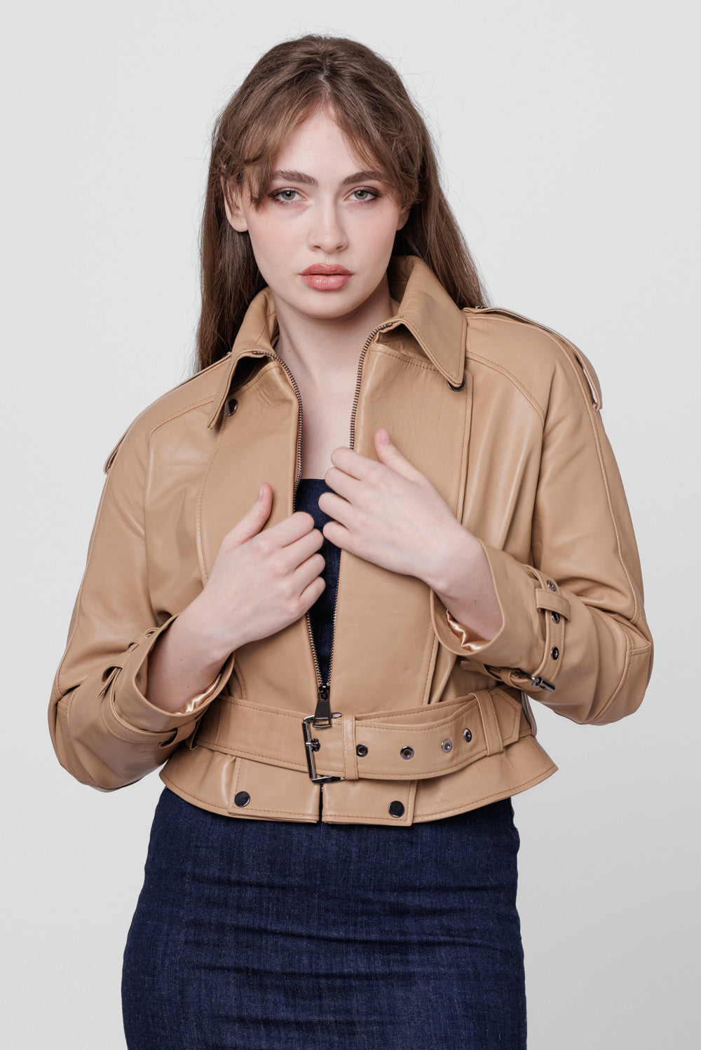 Genuine Leather Jacket, Lapel Collar, Women, Cappucino Pearl 137
