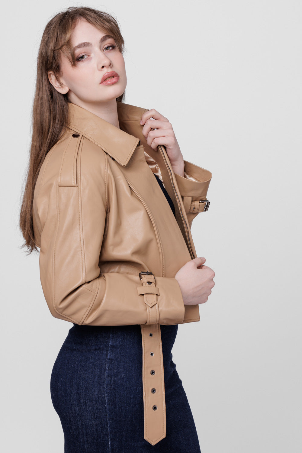 Genuine Leather Jacket, Lapel Collar, Women, Cappucino Pearl 137