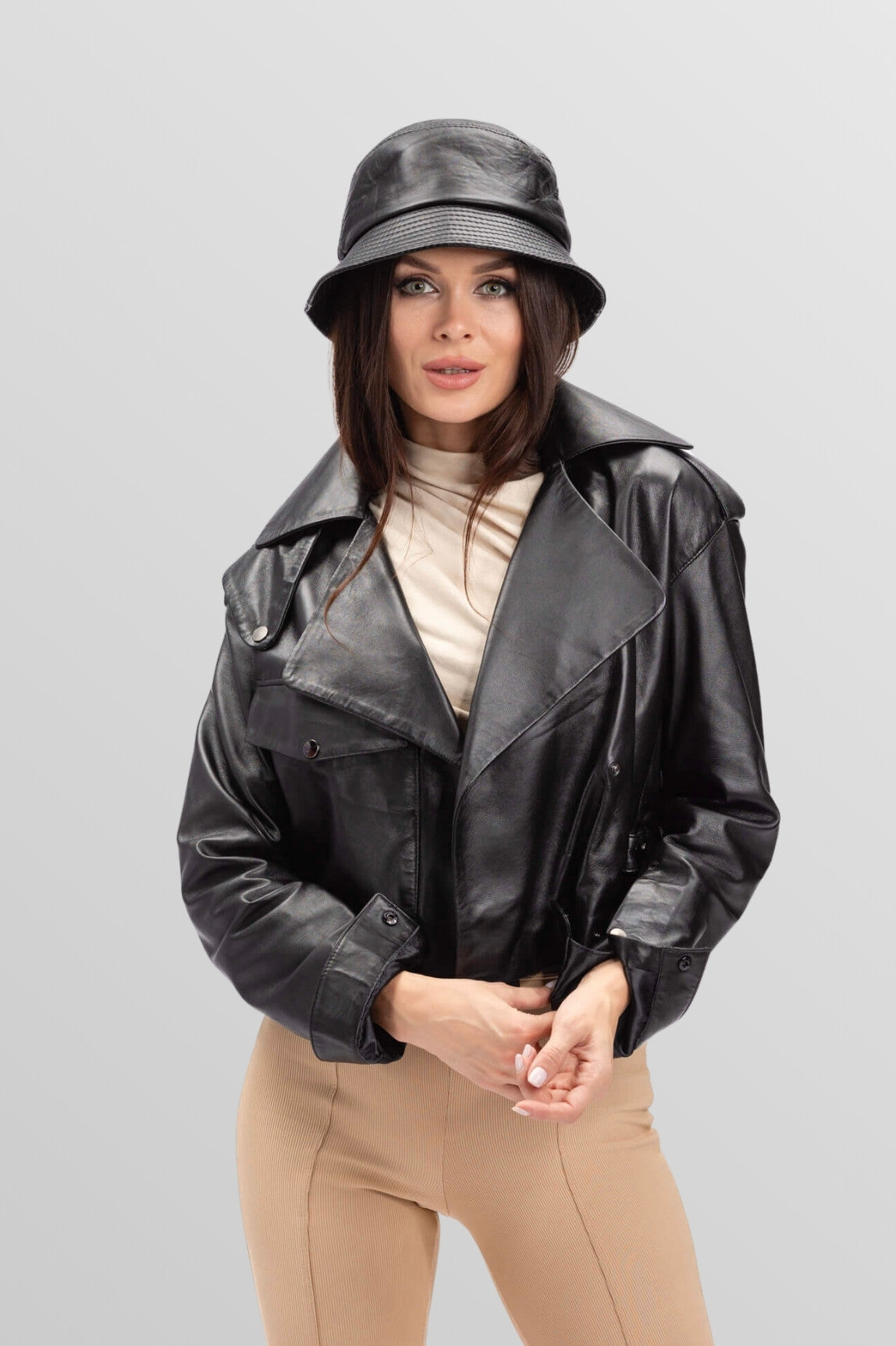 Genuine Leather Jacket, Oversized, Women, Obsidian 139