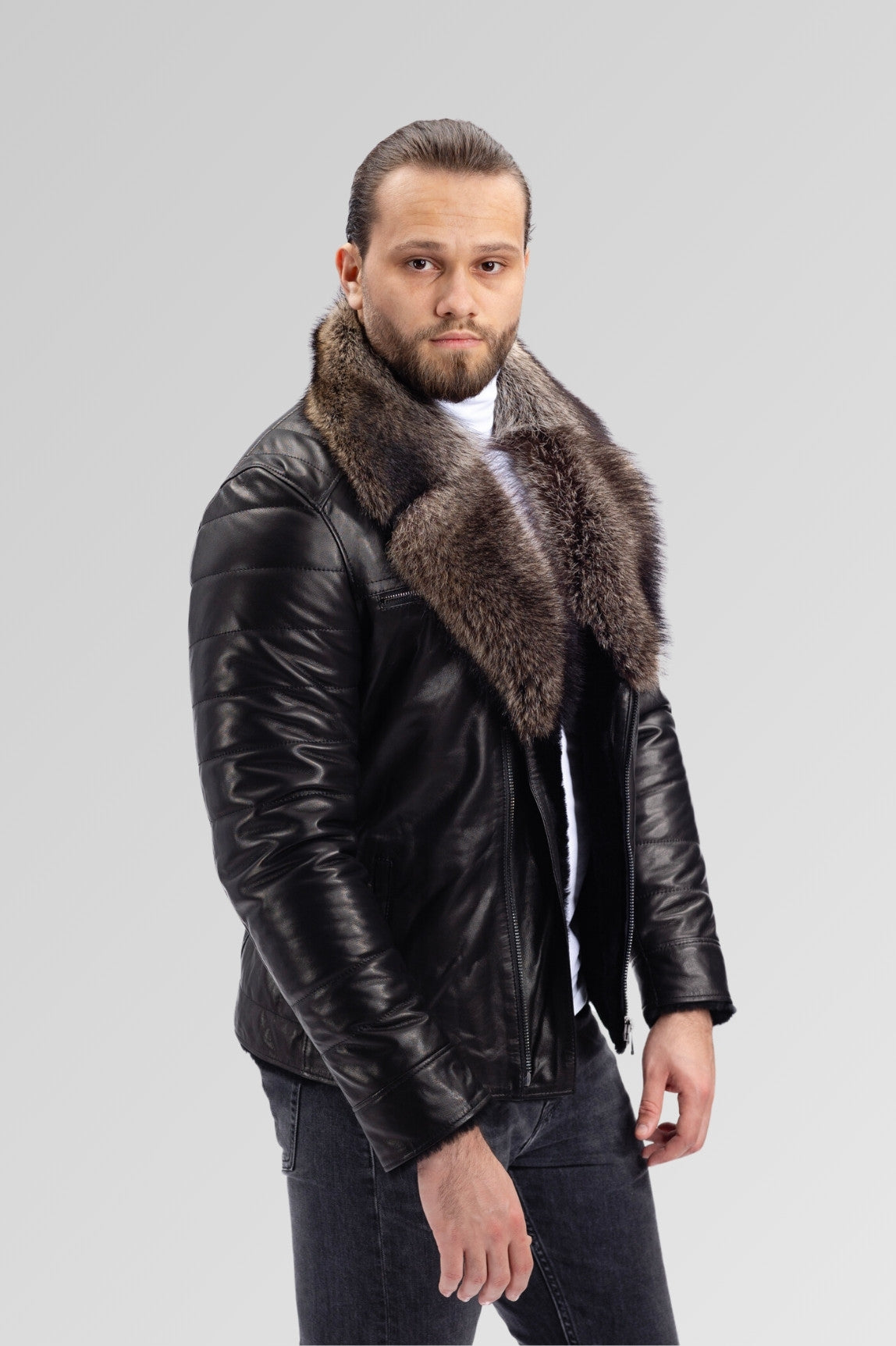 Natural Leather and Raccoon Fur Jacket, Men, Obsidian MAREUS