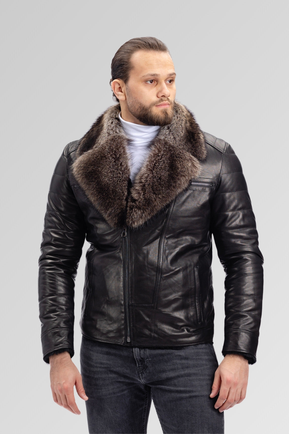 Genuine Leather and Raccoon Fur Jacket, Men, Obsidian 122
