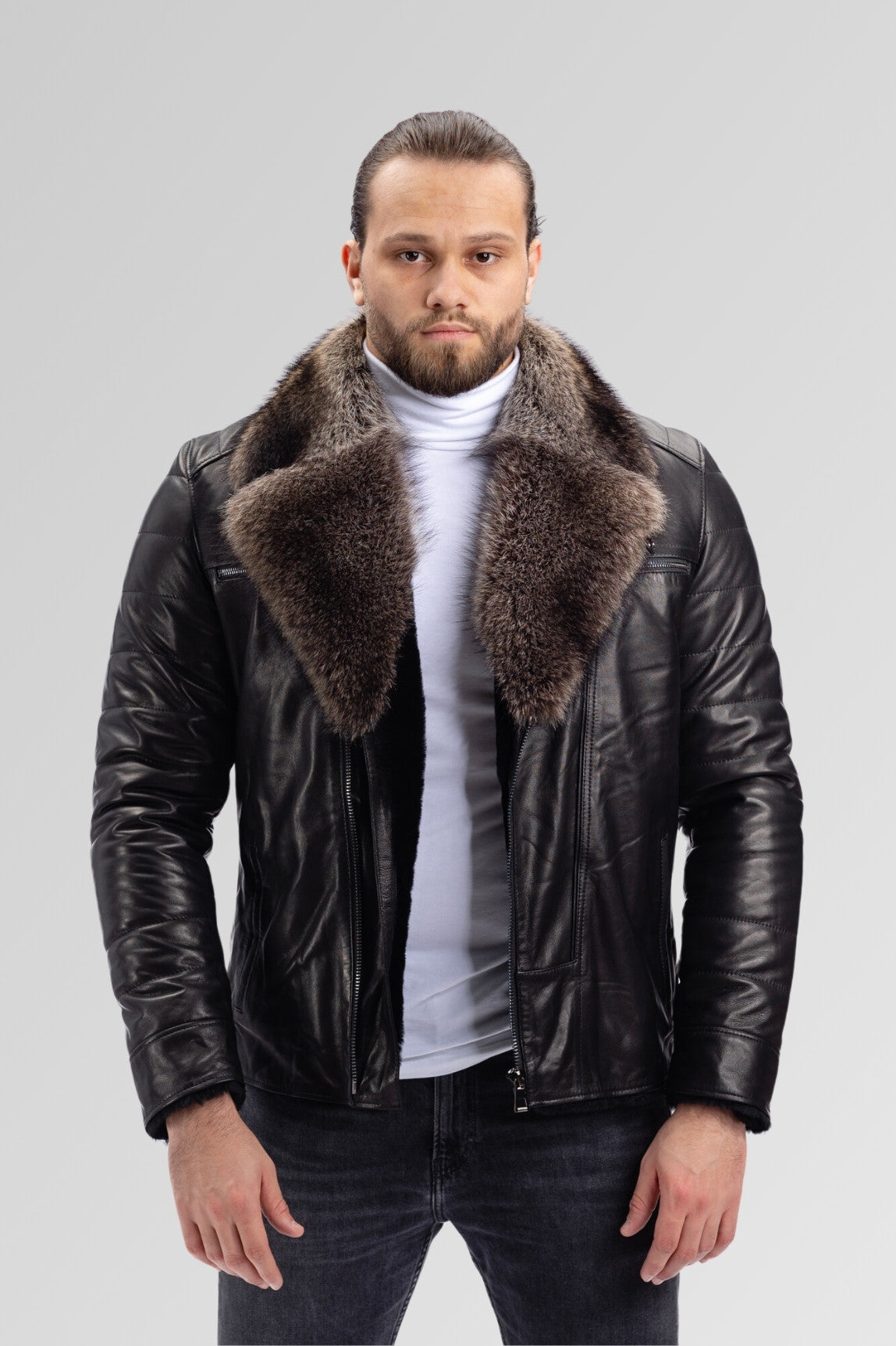 Genuine Leather and Raccoon Fur Jacket, Men, Obsidian 122