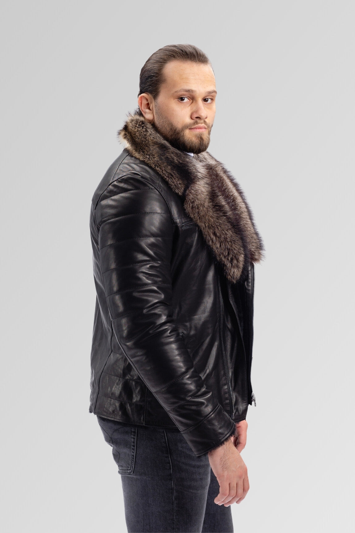 Genuine Leather and Raccoon Fur Jacket, Men, Obsidian 122