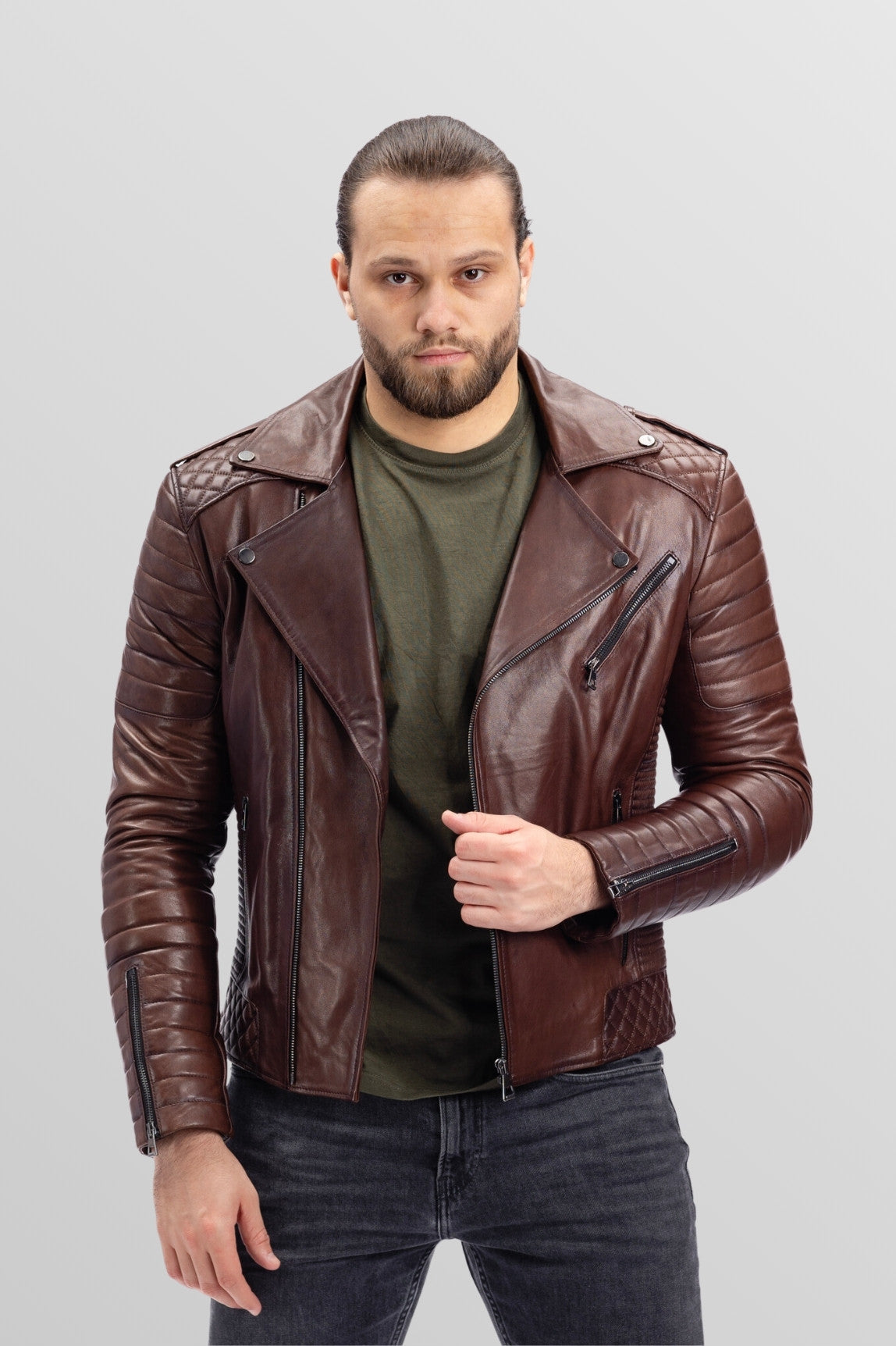 Geacă Biker din Piele Naturală, Bărbați, Russet 94