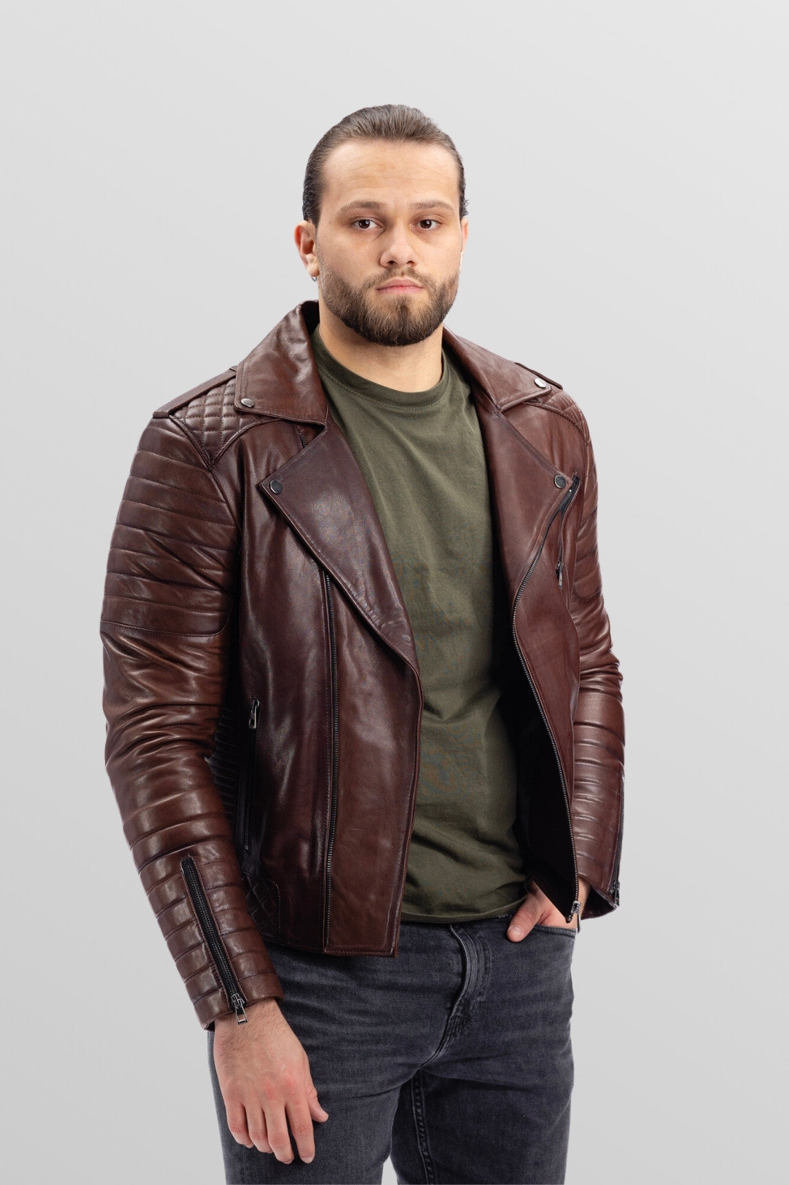 Geacă Biker din Piele Naturală, Bărbați, Russet 94