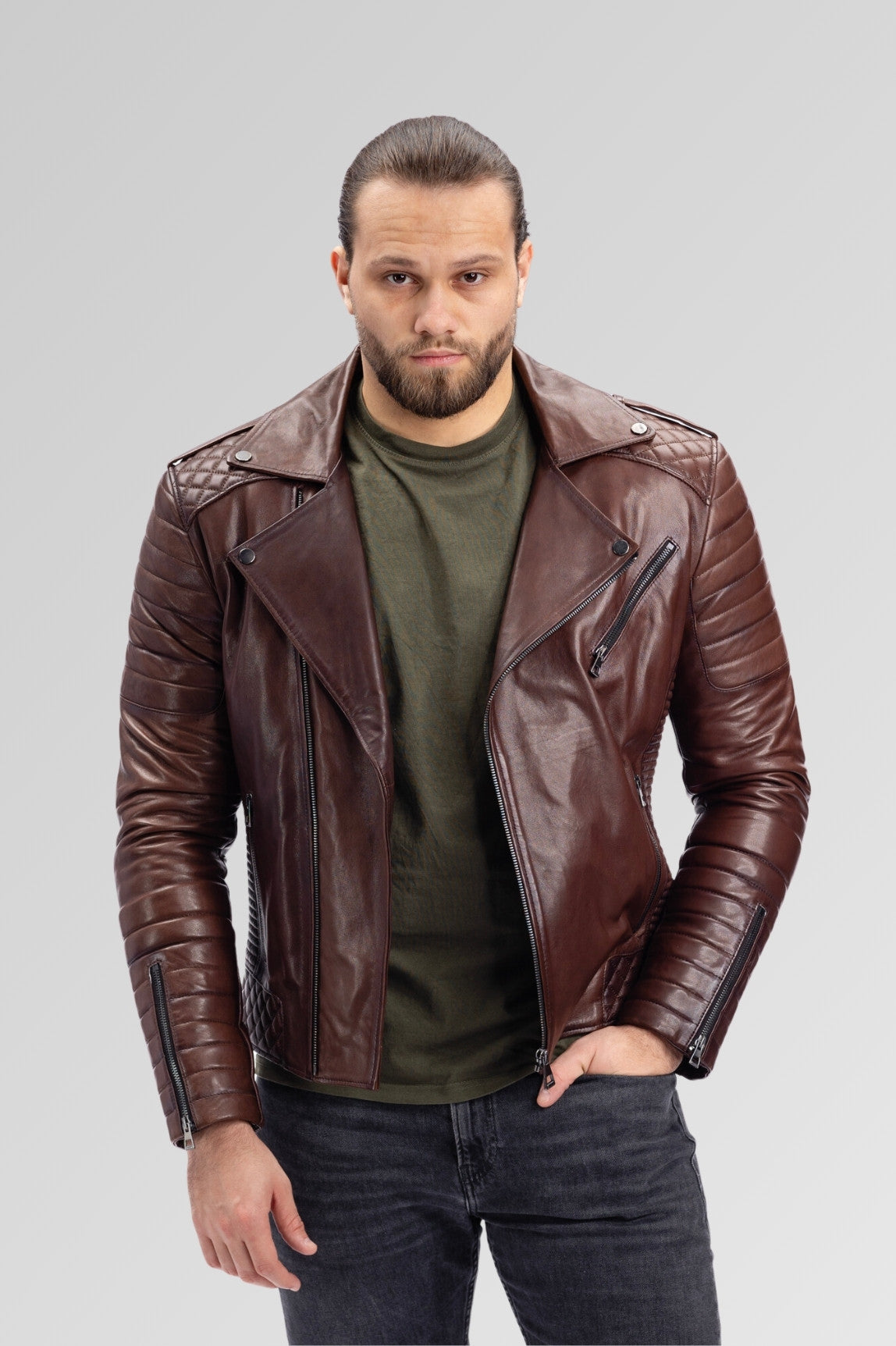 Geacă Biker din Piele Naturală, Bărbați, Russet 94