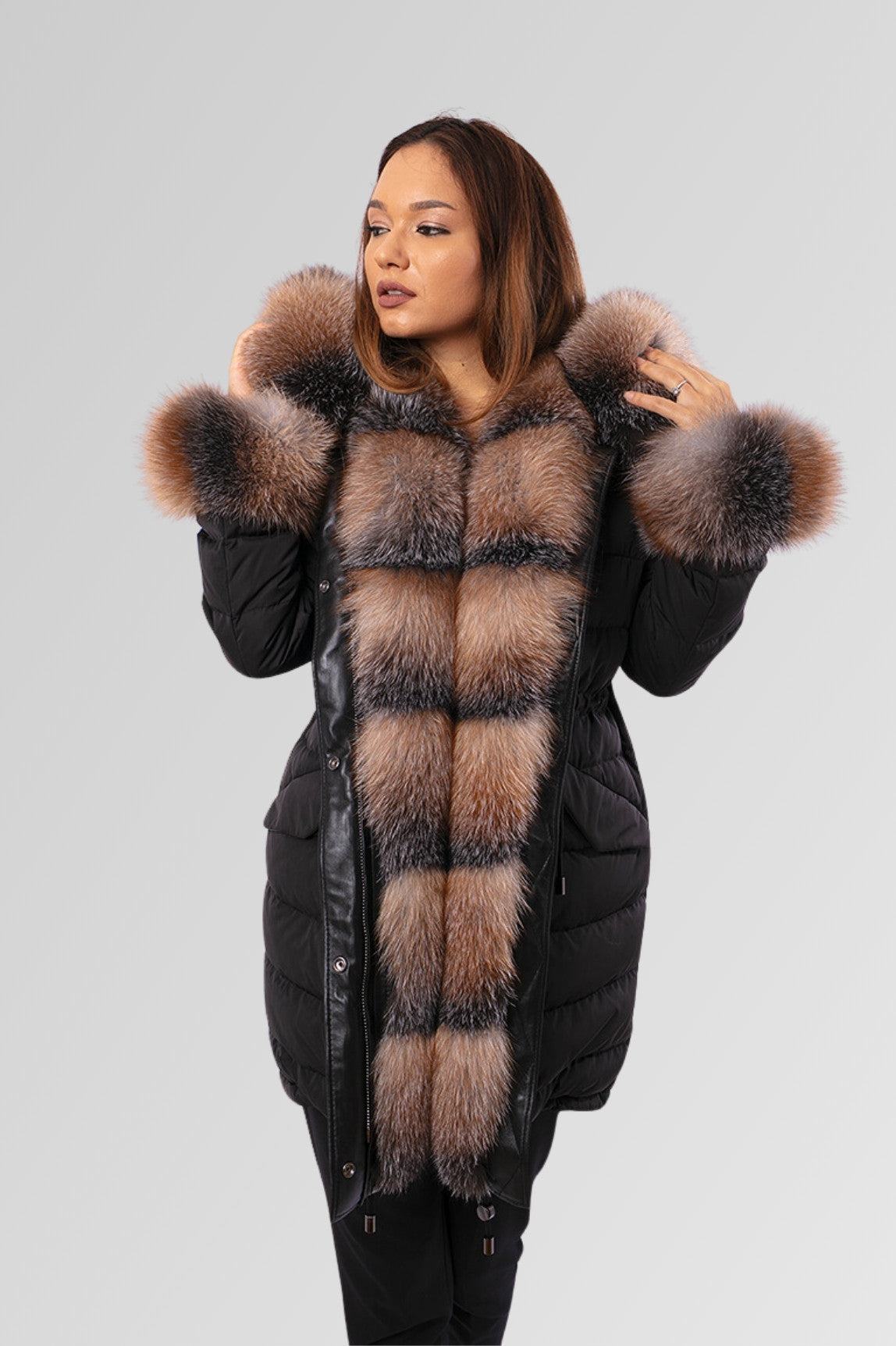 Geacă Parka cu Blană de Vulpe, Umplută cu Puf Natural, Impermeabilă, Femei, Obsidian și Brown Frost 150