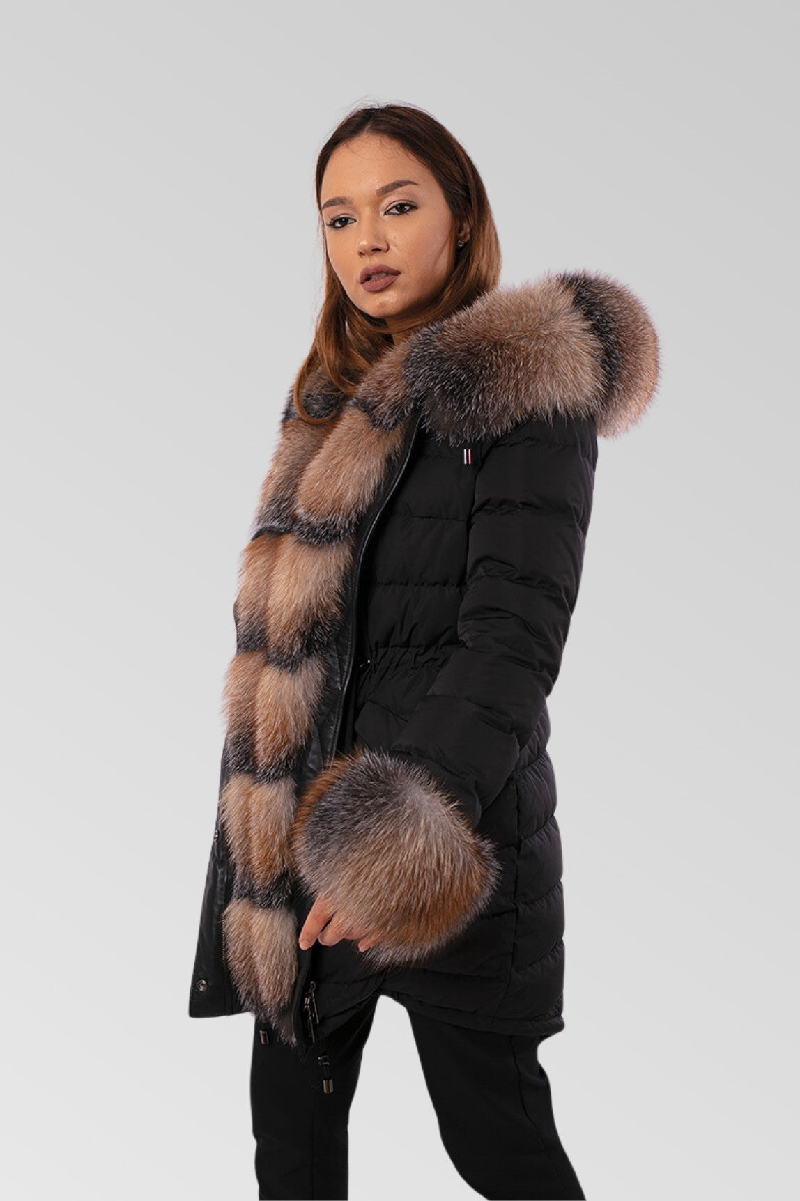 Geacă Parka cu Blană de Vulpe, Umplută cu Puf Natural, Impermeabilă, Femei, Obsidian și Brown Frost 150