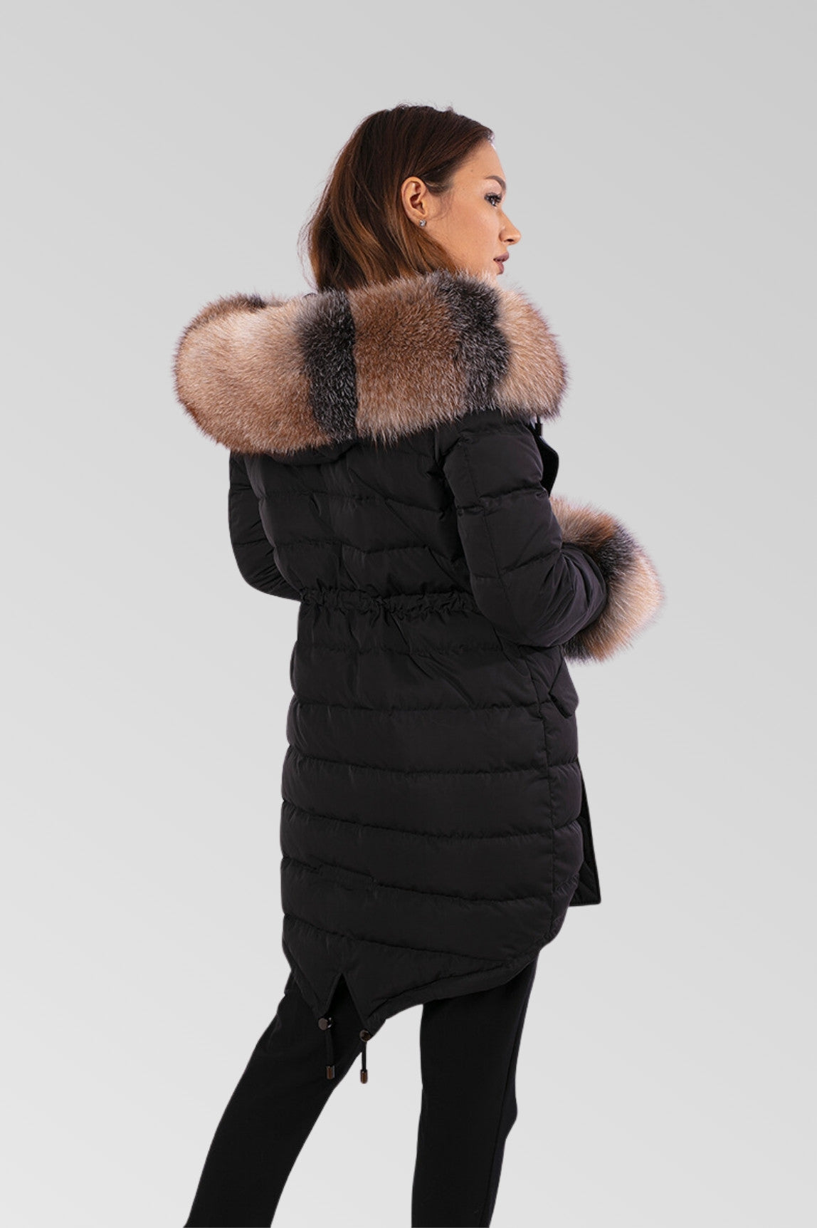 Geacă Parka cu Blană de Vulpe, Umplută cu Puf Natural, Impermeabilă, Femei, Obsidian și Brown Frost 150