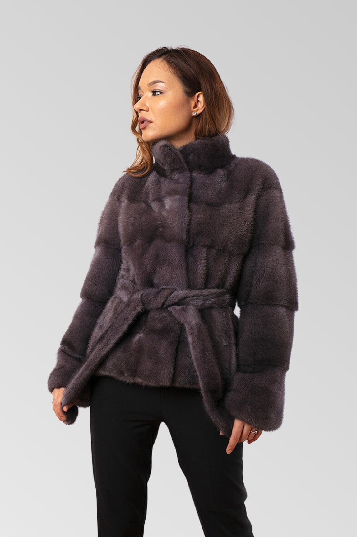 Women's Natural Mink Fur Coat with Drawstring, Graphite 190