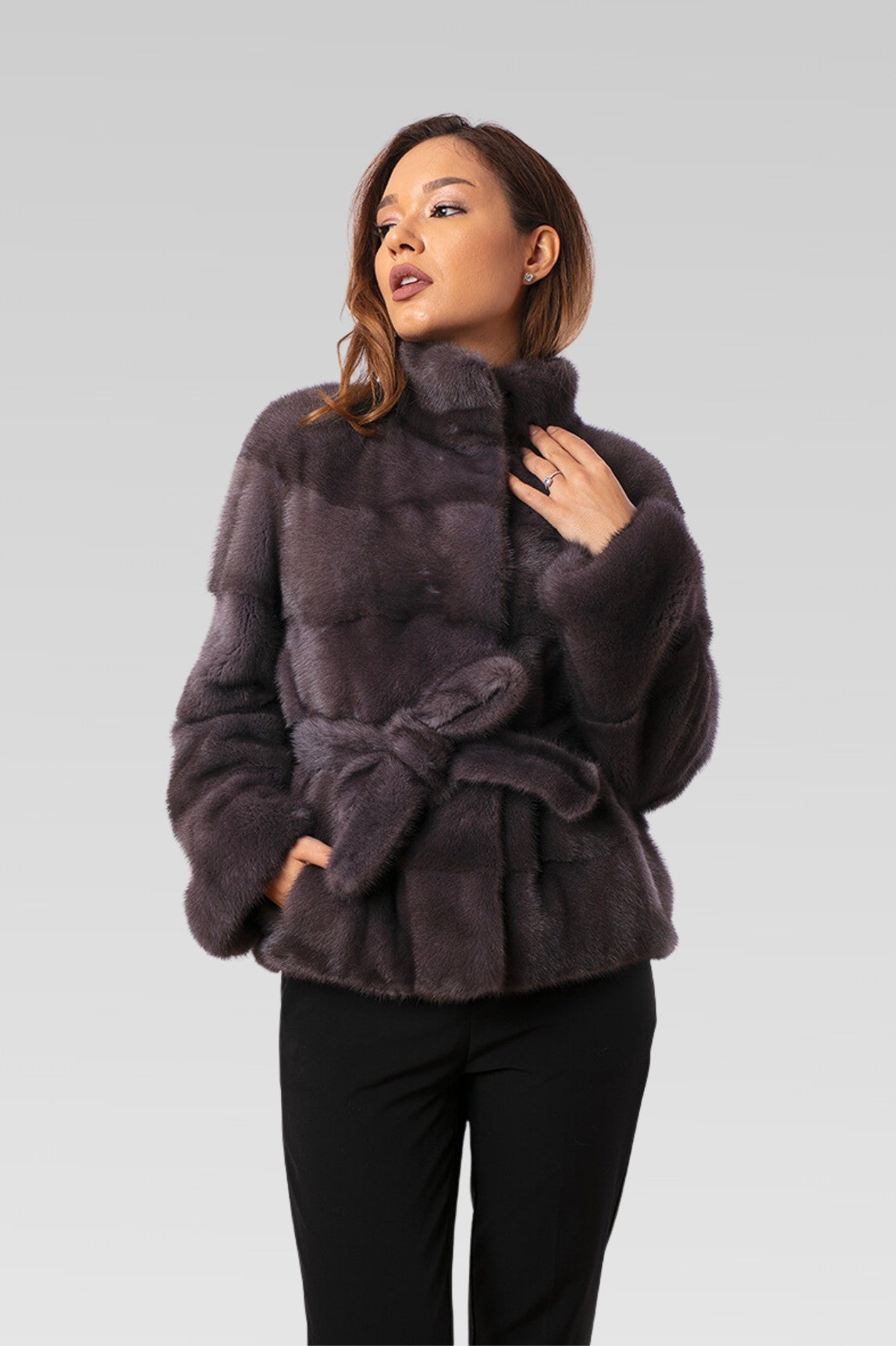 Women's Natural Mink Fur Coat with Drawstring, Graphite 190