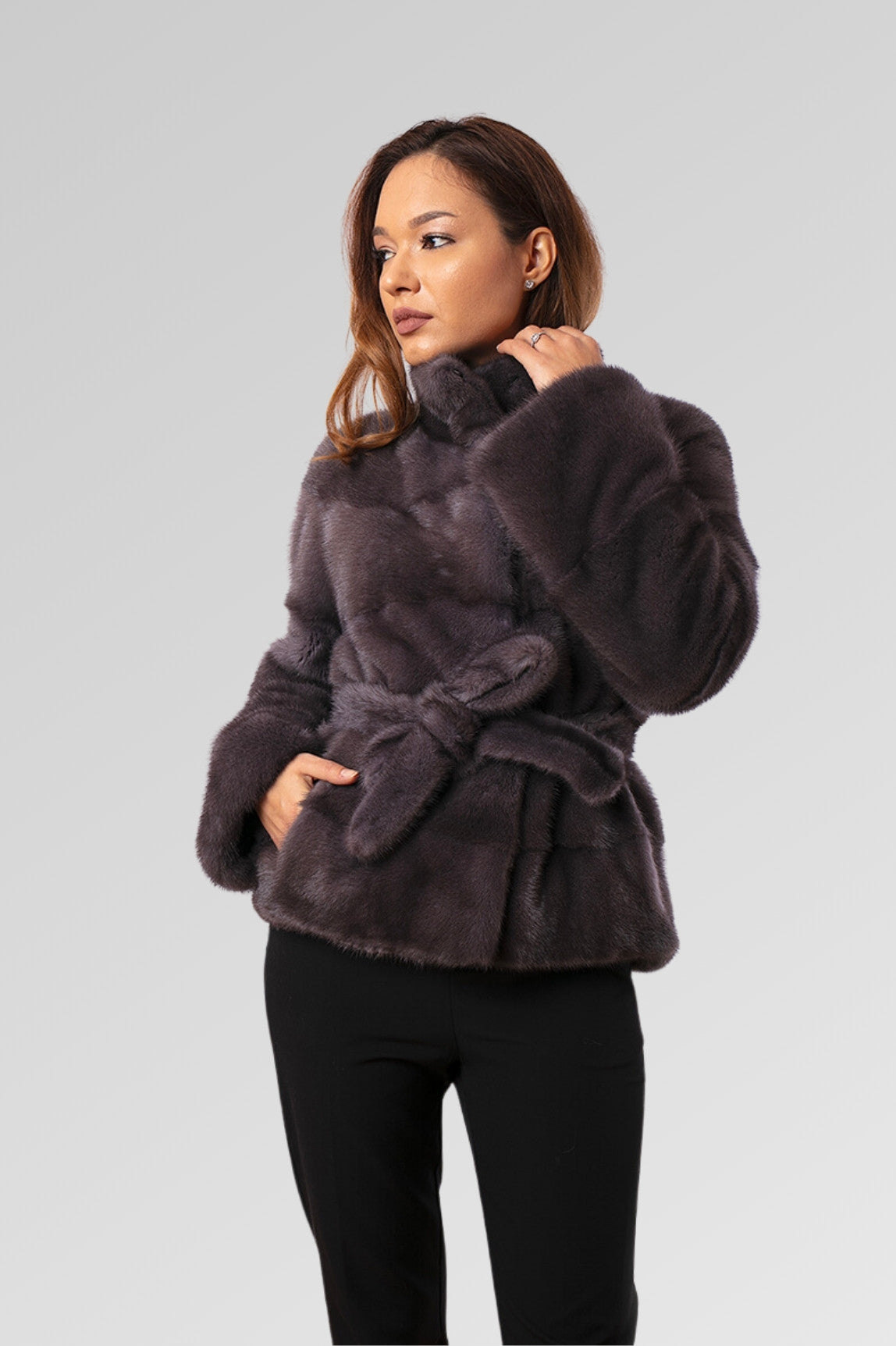 Women's Natural Mink Fur Coat with Drawstring, Graphite 190