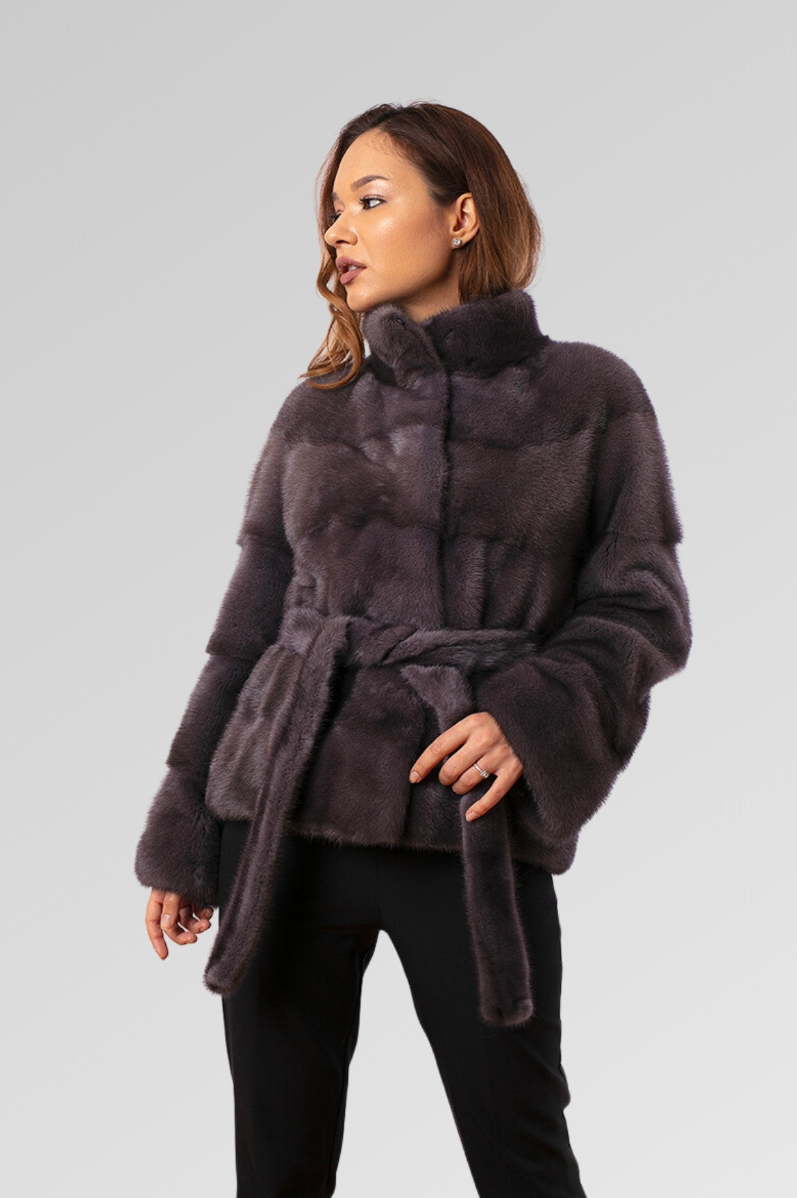 Women's Natural Mink Fur Coat with Drawstring, Graphite 190