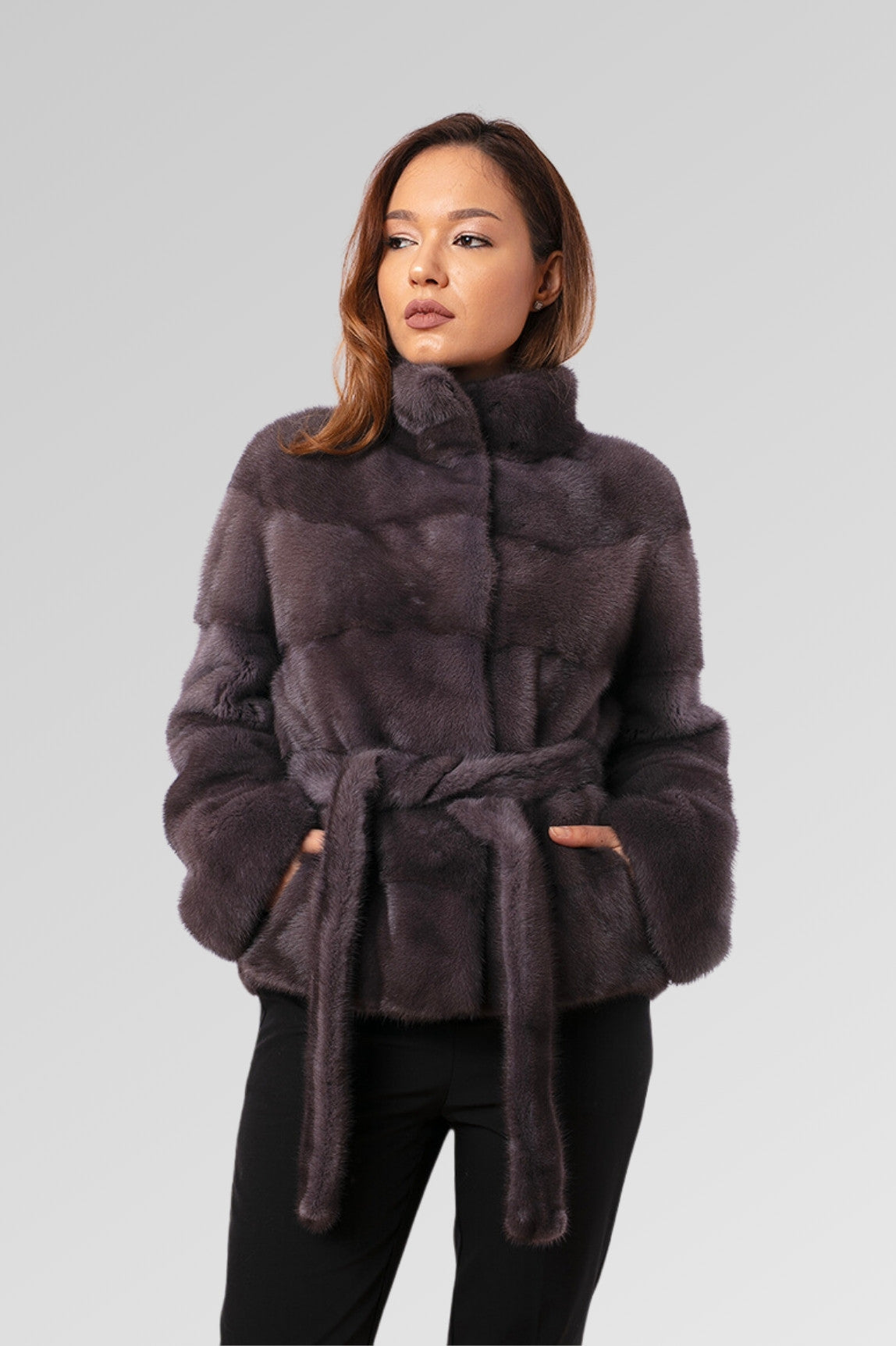 Women's Natural Mink Fur Coat with Drawstring, Graphite 190