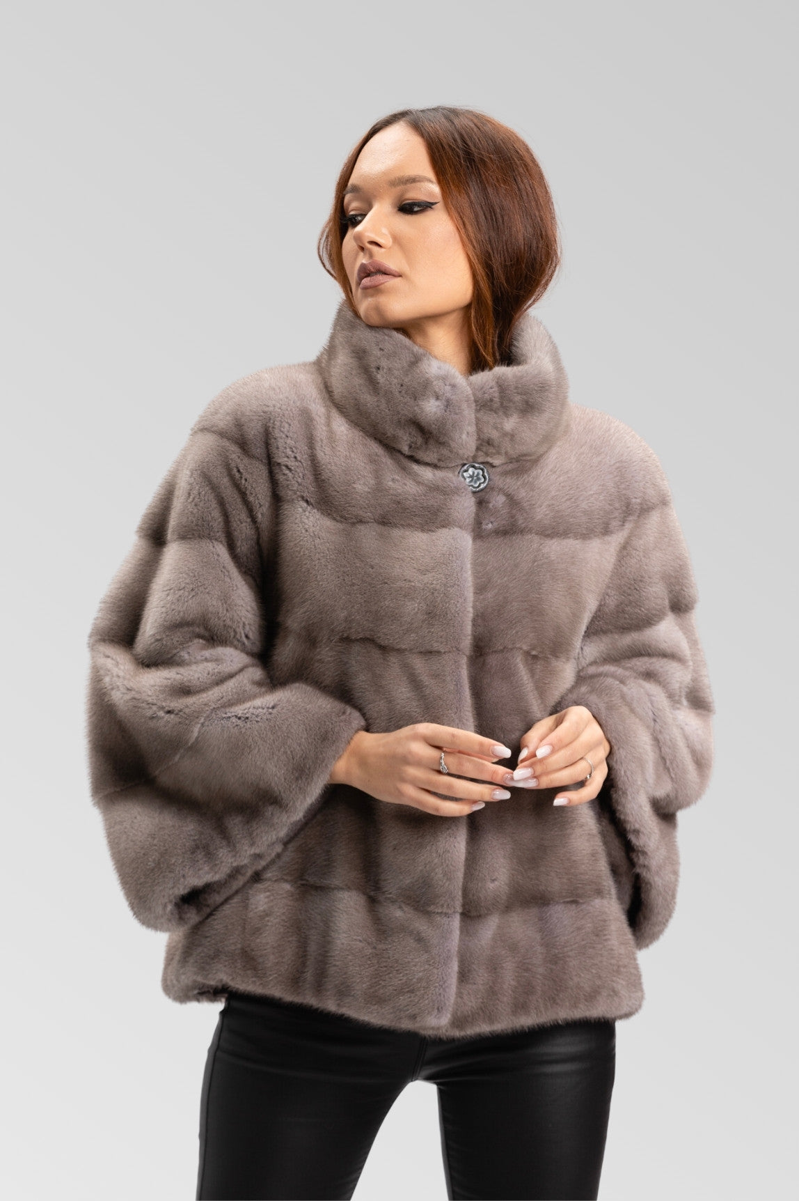 Natural Mink Fur Coat, Bell Sleeve, Oversized, Women, Silver Blue 230