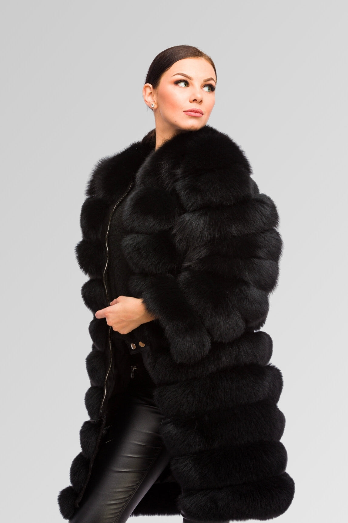 Natural Fox Fur Coat, 6 in 1 Convertible, Women, Obsidian 250