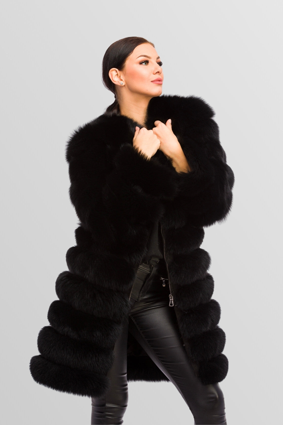 Natural Fox Fur Coat, 6 in 1 Convertible, Women, Obsidian 250